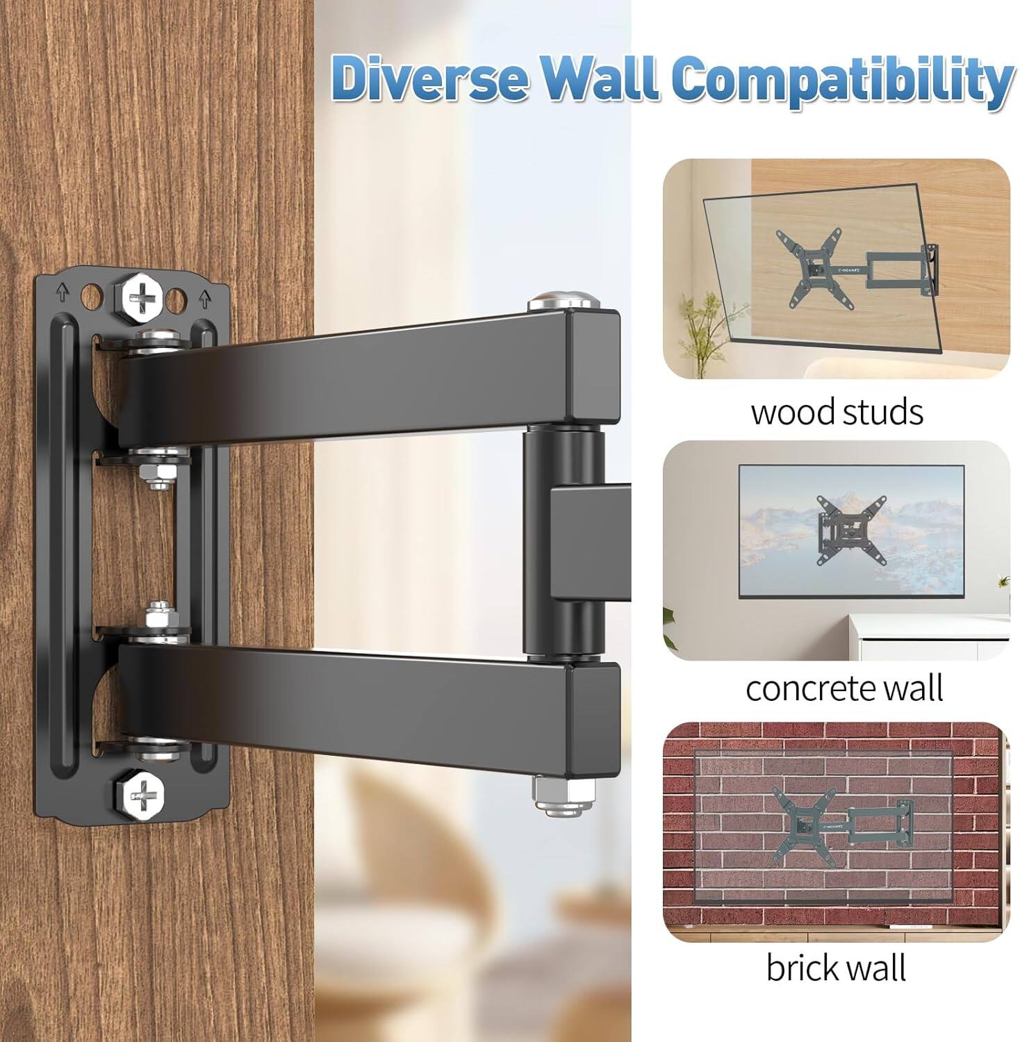 Diverse Wall Compatibility

- wood studs
- concrete wall
- brick wall