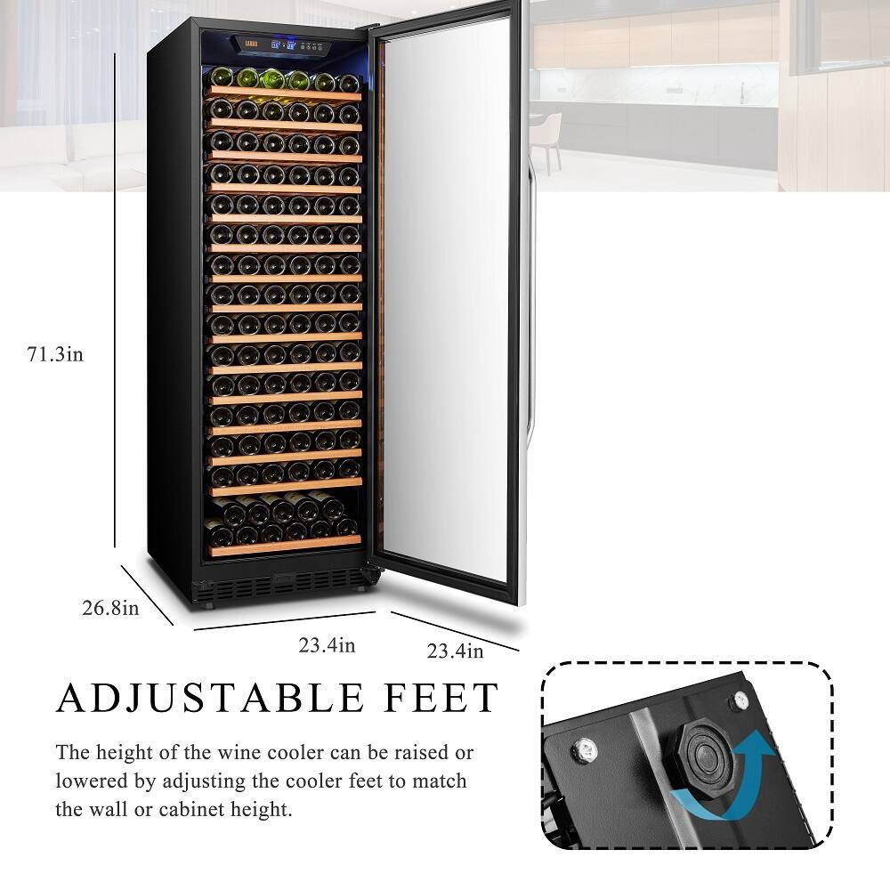 The wine cooler has adjustable feet, allowing the height to be raised or lowered to match the wall or cabinet height.