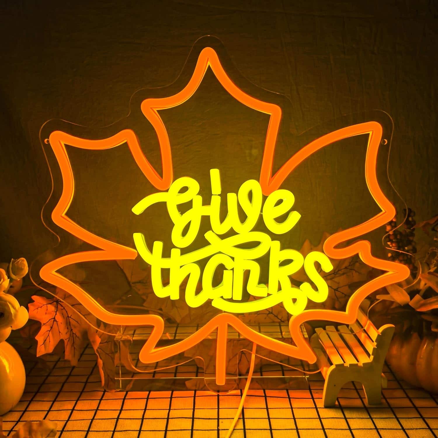 Auledio - Thanksgiving Neon Sign Dimmable Fall Neon Sign for Thanksgiving Decoration Give Thanks Sign for Home Bar Salon Window - Multicolor