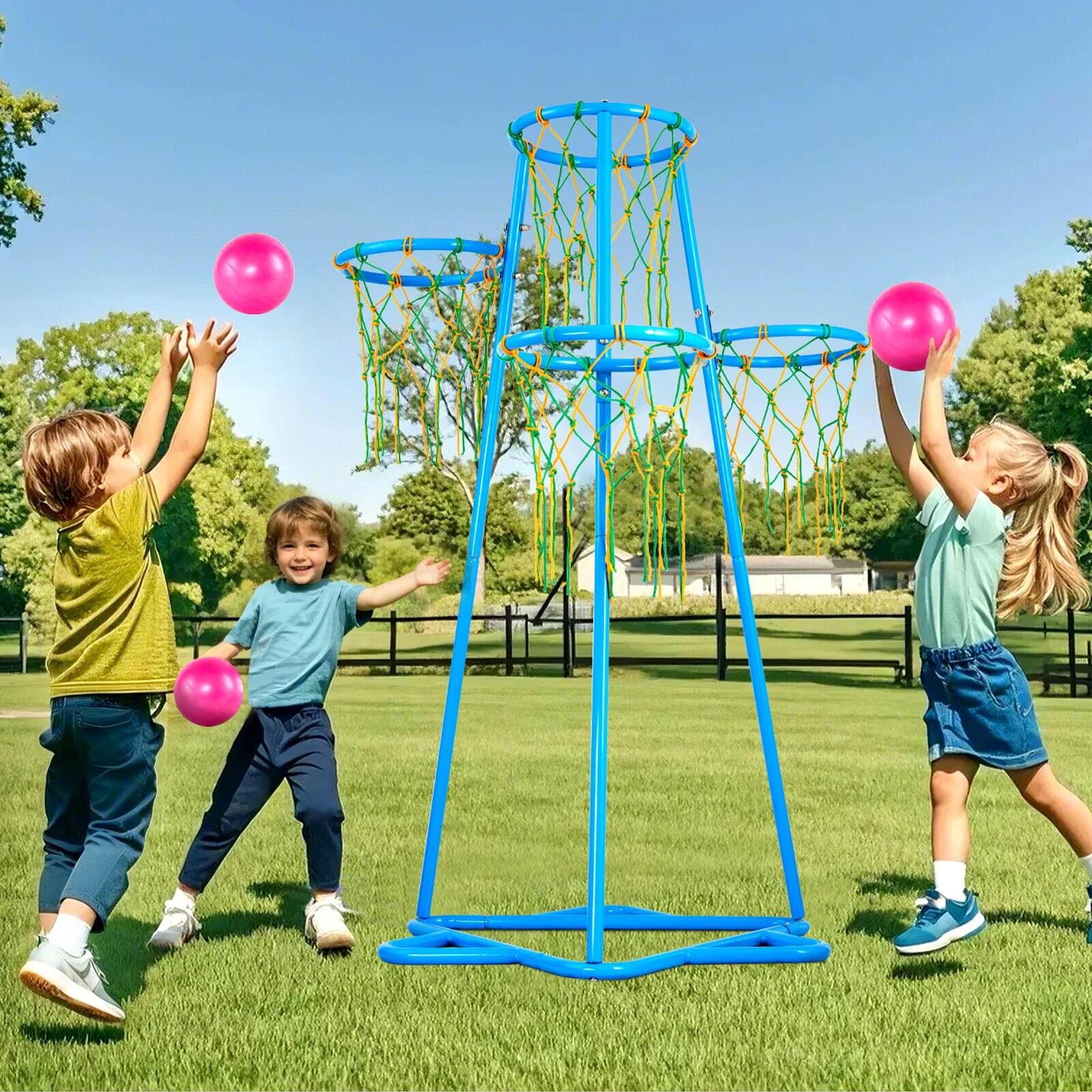 Alt View 1. Glintex - Basketball Hoop, Kids 4-Hoop Adjustable Stand with 3 Balls, Portable Basketball Toy Set for Indoor Outdoor Play - Blue.