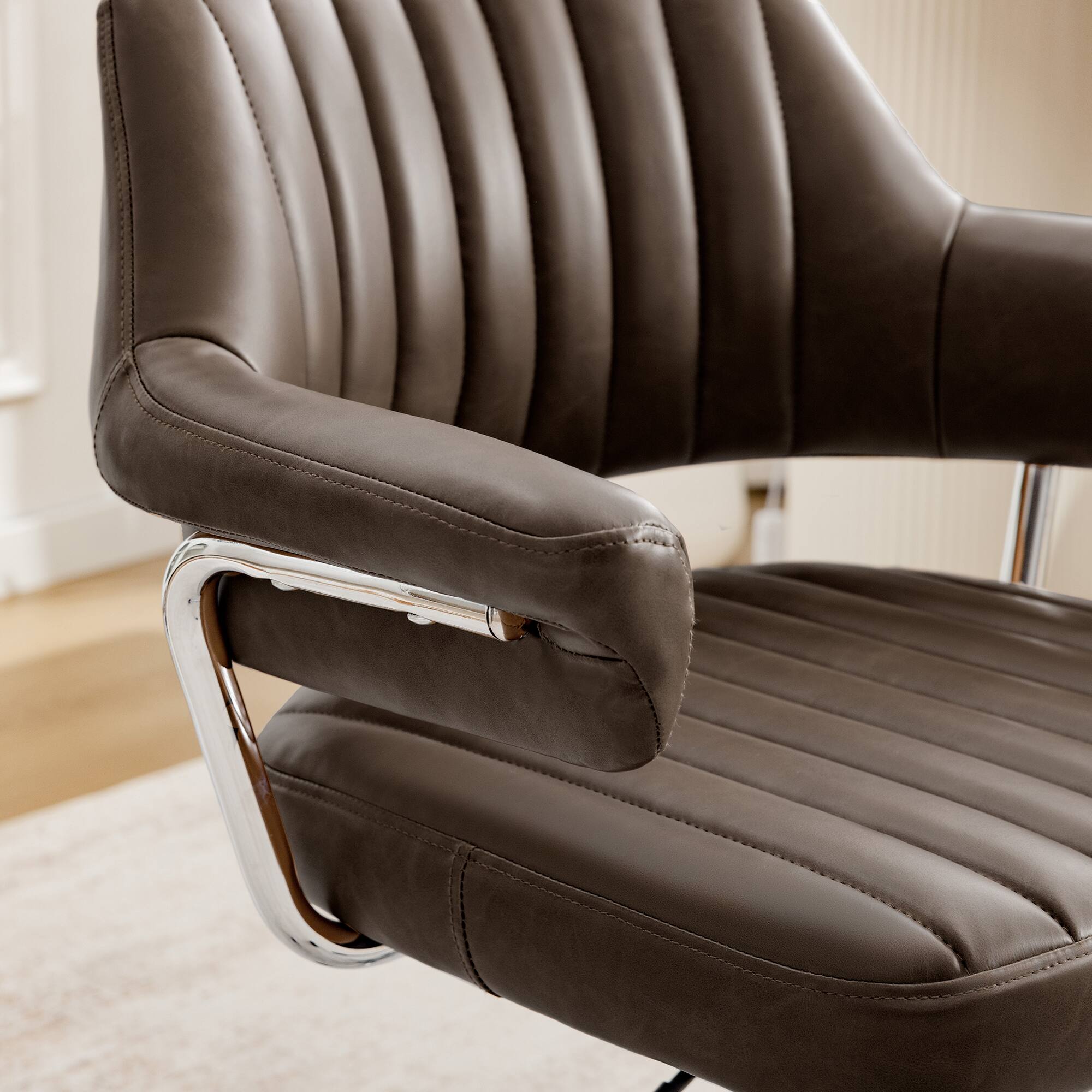 Left. KERDOM - Swivel Upholstery Vanity Chair with Arms, Adjustable Height Desk Chair for Home Office Study Makeup Dresser, PU Leather - Coffee-2PCS.