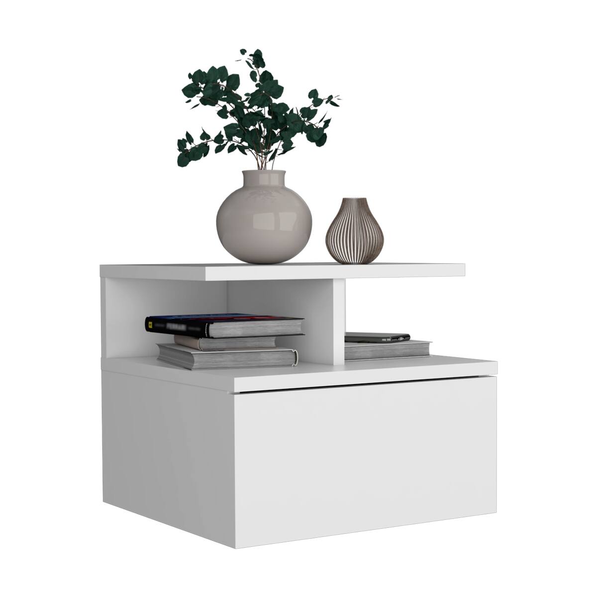 Alt View 2. Loheer - Loheer Floating Nightstand, White Wall Mounted Nightstand with Single Drawer and Two Tier Shelf - White.
