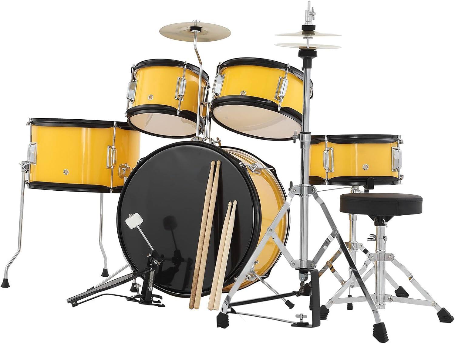 Front. Acekool - 5-Piece Drum Set, Complete Kit with Bass Drum, Tom, Snare, Hi-Hat, Cymbal & Pedal, 16in Full Drum Set, Yellow.