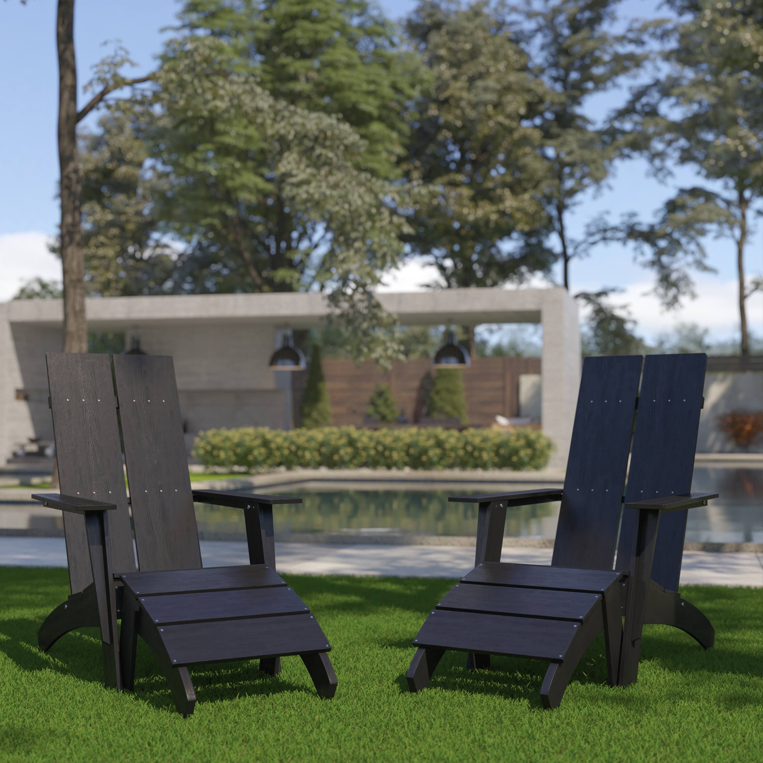 Alt View 2. Emma + Oliver - Set of 2 Indoor/Outdoor 2-Slat Adirondack Style Chairs & Footrests - Black.