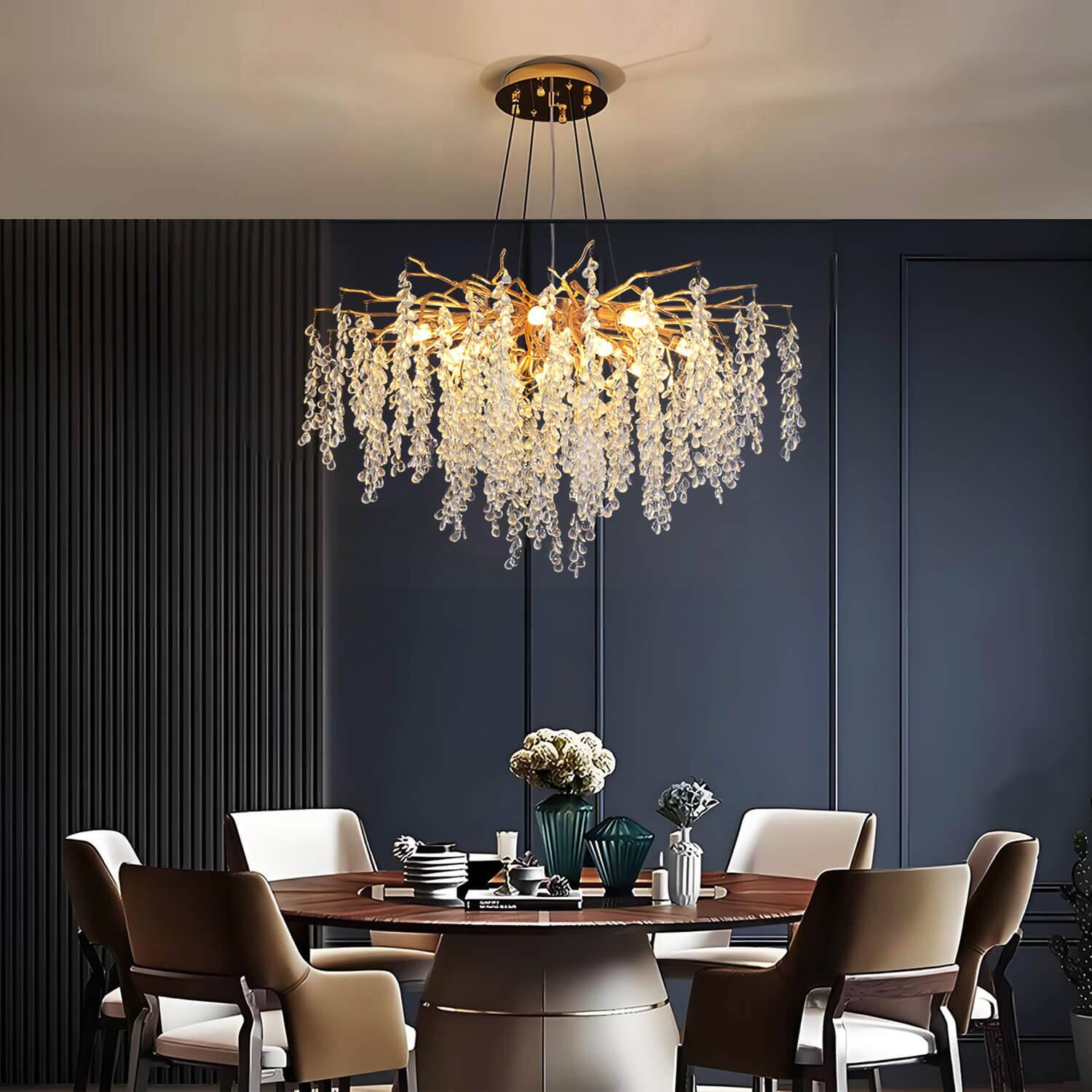 Angle. Siljoy - Elegant Luxury French Creative Branch Design with Tassel Glass Chandelier - Gold.