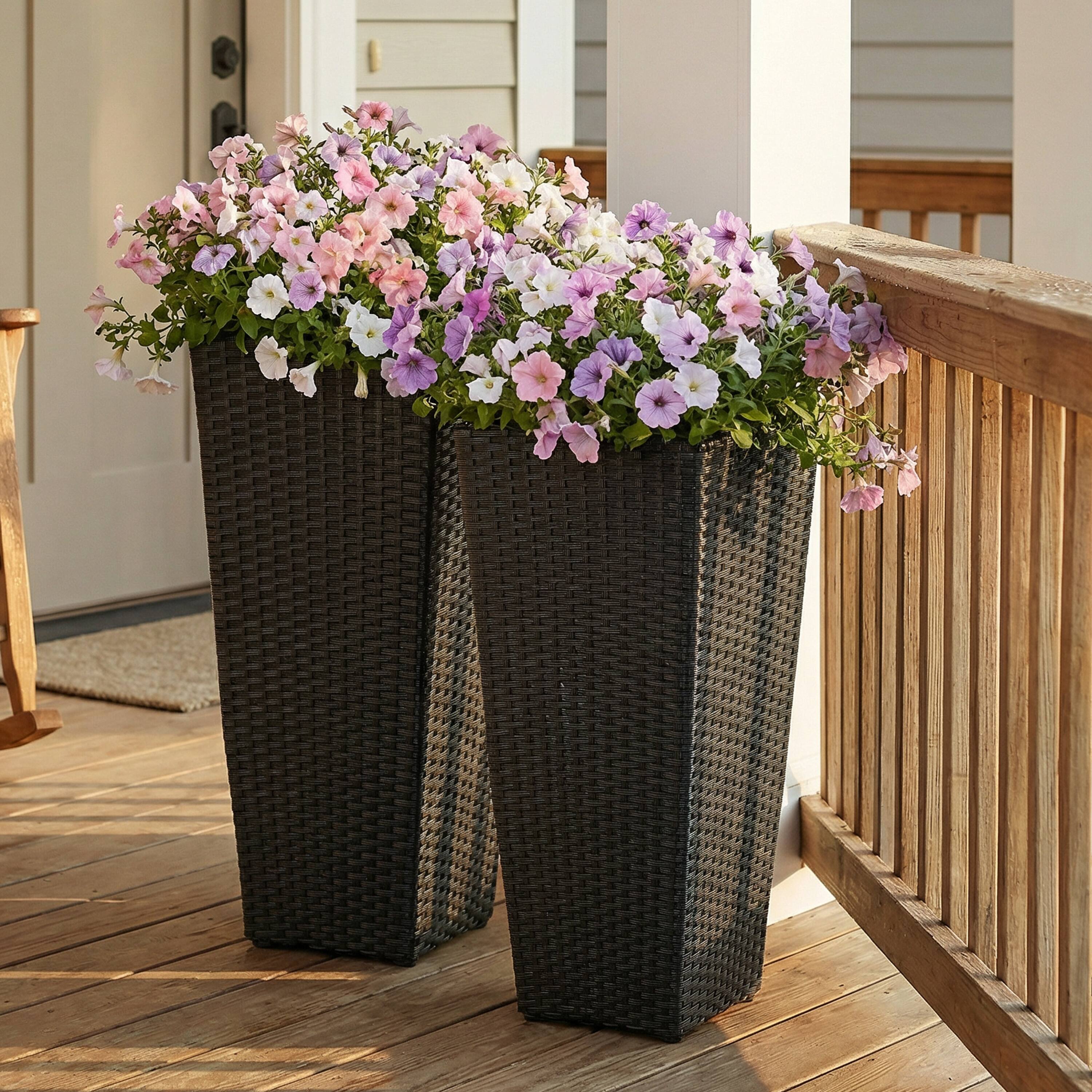 Alt View 1. Sunnydaze - 24" H Polyrattan Tall Square Planter - Set of 2 - Black.