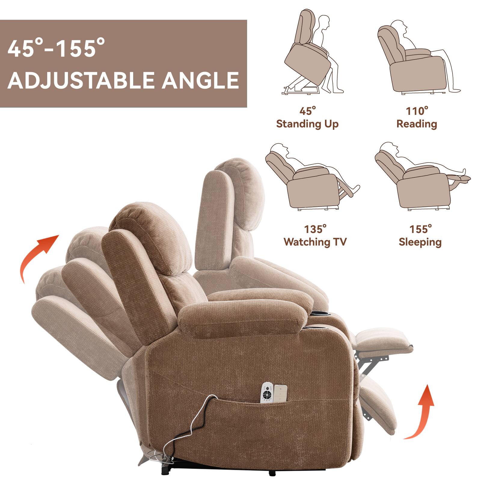 45°-155° Adjustable Angle

45° Standing Up  
110° Reading  
135° Watching TV  
155° Sleeping