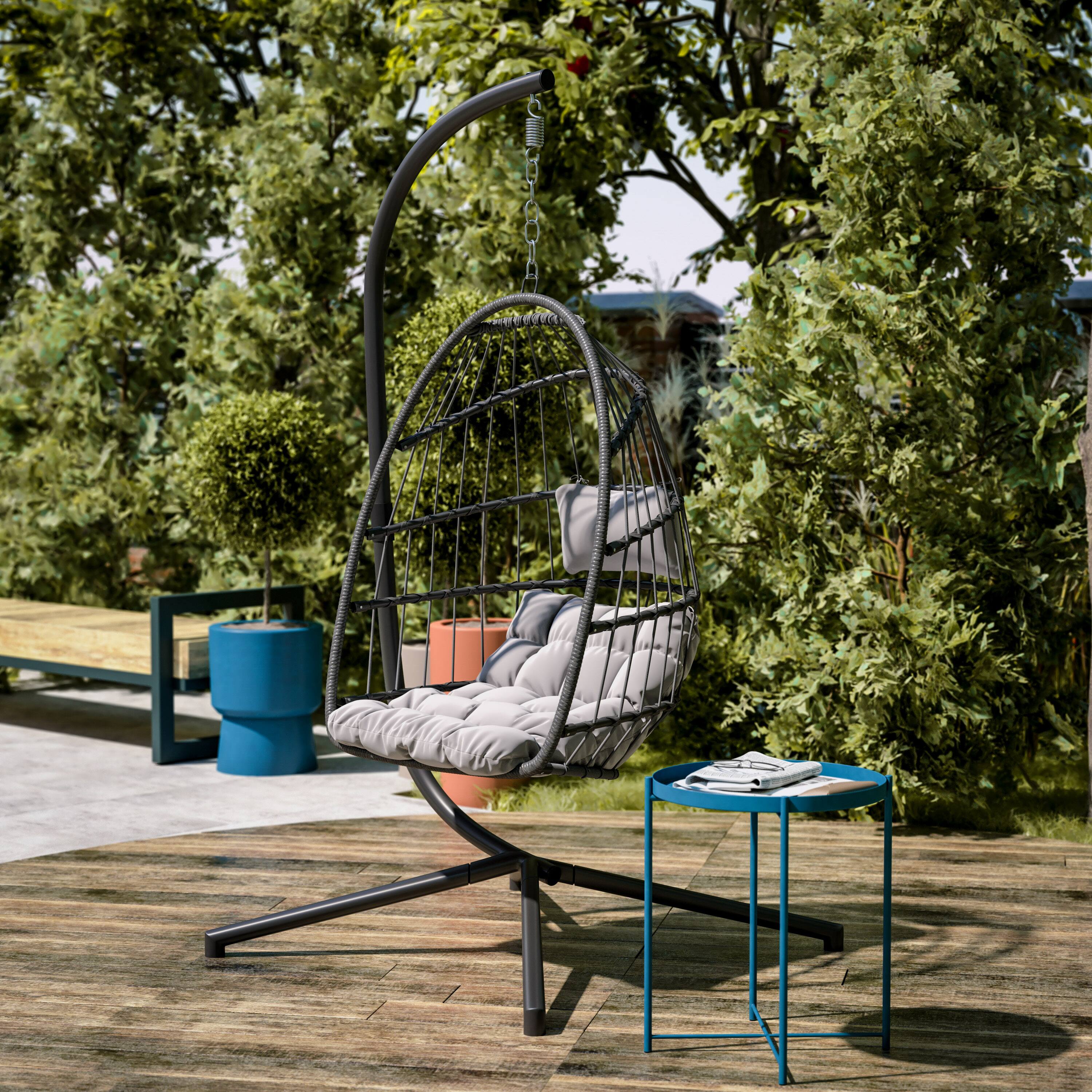 Alt View 4. Emma + Oliver - Awen Foldable Hanging Egg Chair with Woven Finish, Removable Cushions, and Included Stand for Indoor and Outdoor Use - Gray.
