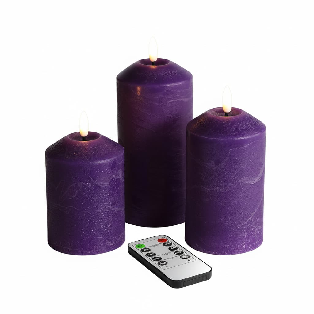 Front. FINEAK - 3 Pack Purple Flameless Pillar Candles with Remote:Real Wax, Flickering, Battery-Operated LED - Purple.