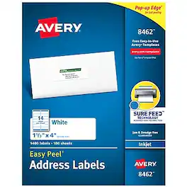 Avery - Easy Peel Inkjet Address Labels, 1-1/3" x 4", 1,400 Labels/Box - Matte White