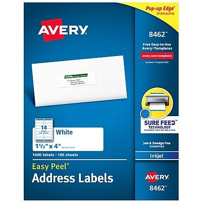Pop-up Edge™ for fast peeling
AVERY 8462
Free Easy-to-Use Avery Templates
avery.com/templates
14 White
1 1/3" x 4" (size)
1400 labels - 100 sheets
Easy Peel Address Labels
Jam & Smudge Free
Inkjet
SURE FEED™ TECHNOLOGY
Guaranteed
AVERY 8462
