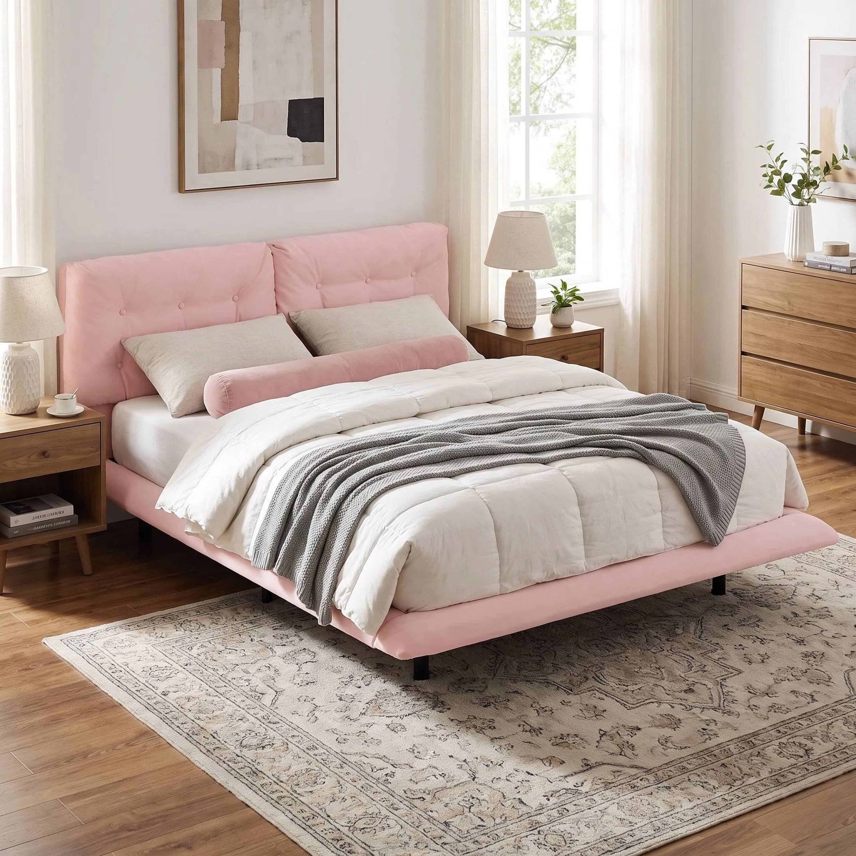 Angle. Anysun - Queen Size Upholstered Floating Bed Frame with LED Lights – PU Leather with Button-Tufted Headboard, Easy Assembly - Pink.