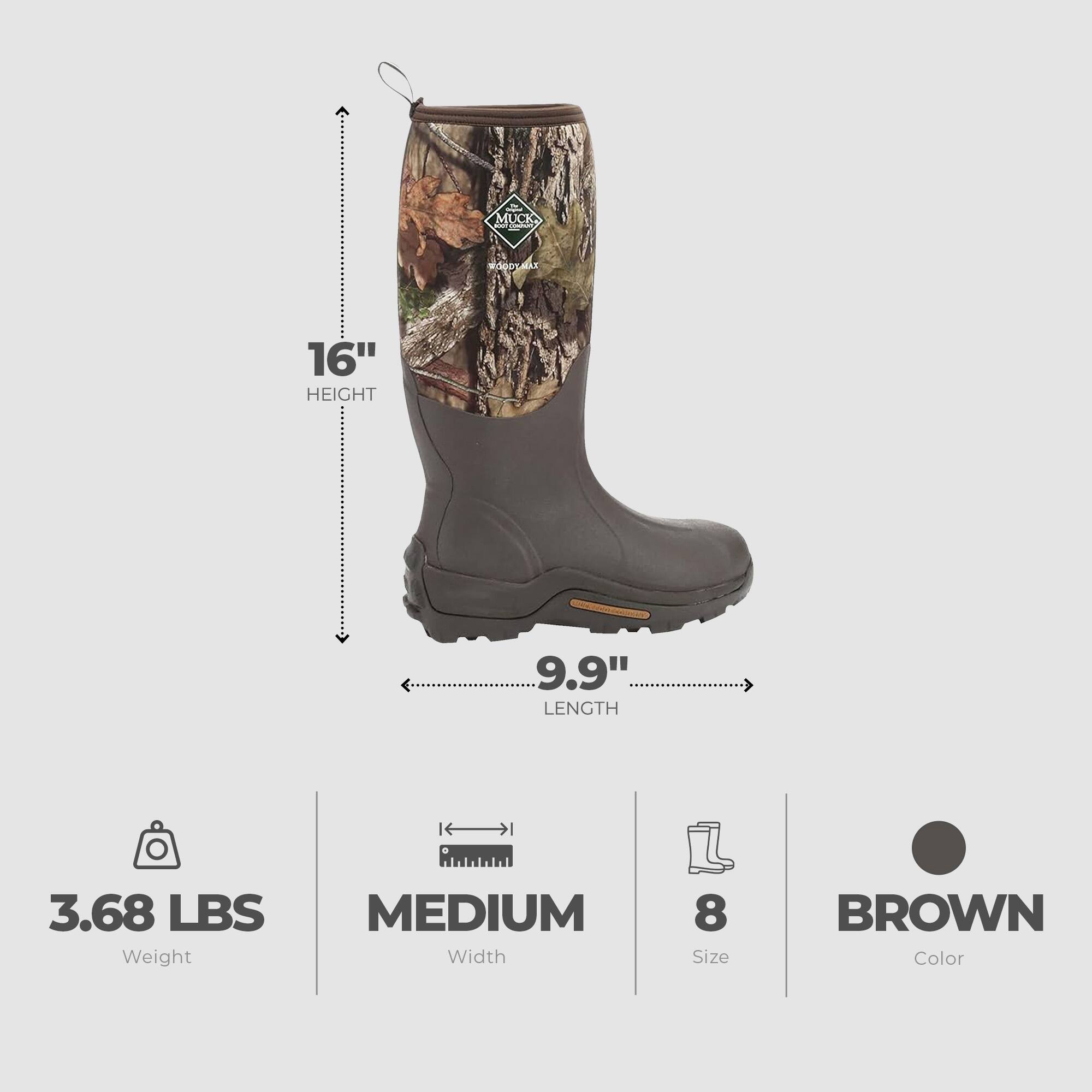 MUCK  
adgosalix  
16" HEIGHT  
9.9" LENGTH  
3.68 LBS Weight  
MEDIUM Width  
8 Size  
BROWN Color