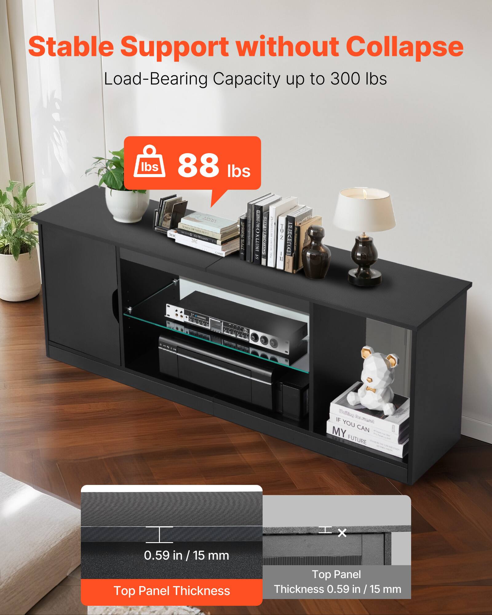 Stable Support without Collapse
Load-Bearing Capacity up to 300 lbs
88 lbs
Top Panel Thickness 0.59 in / 15 mm