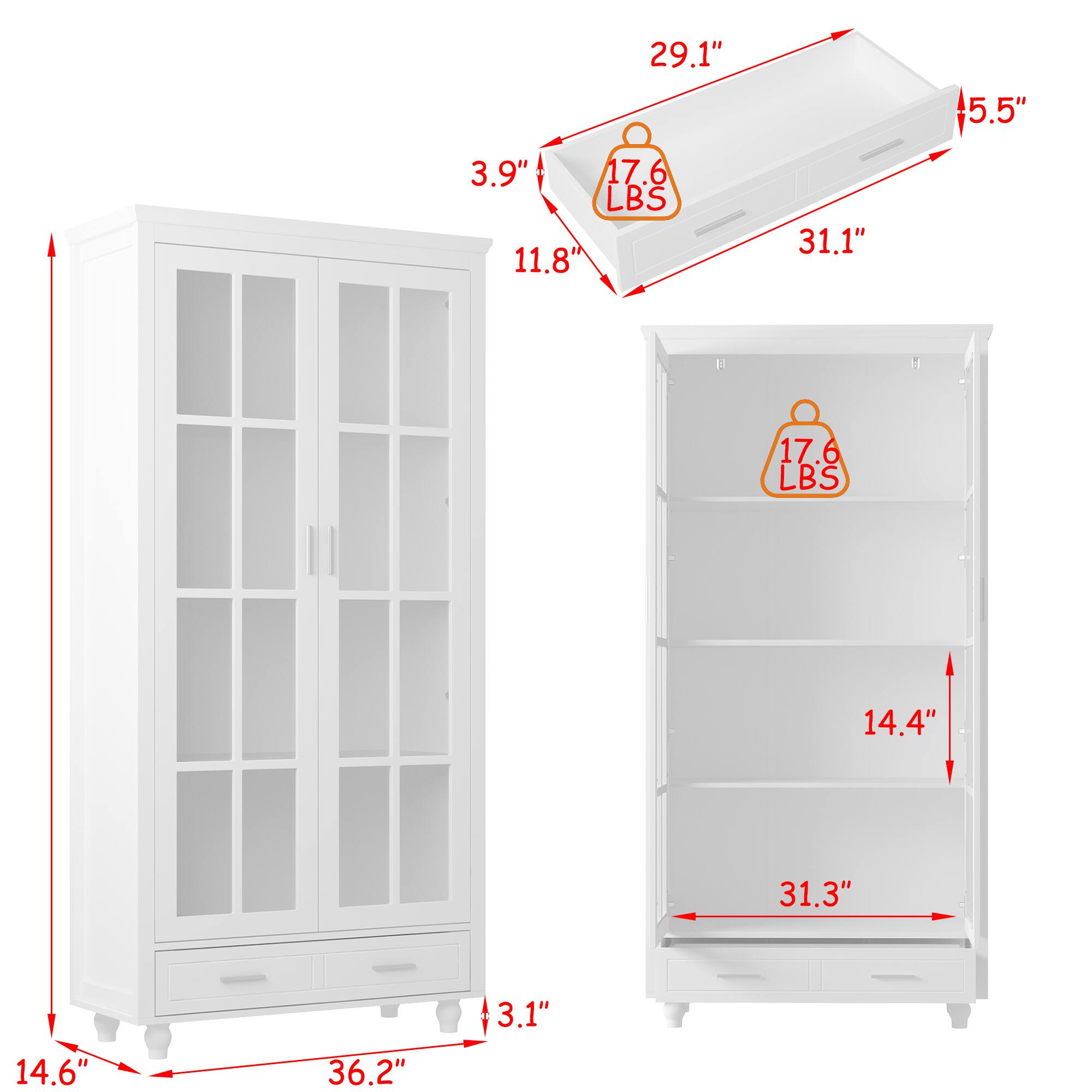 3.1", 14.6", 36.2", 11.8", 3.9", 29.1", 5.5", 17.6 LBS, 31.1", 17.6 LBS, 14.4", 31.3"