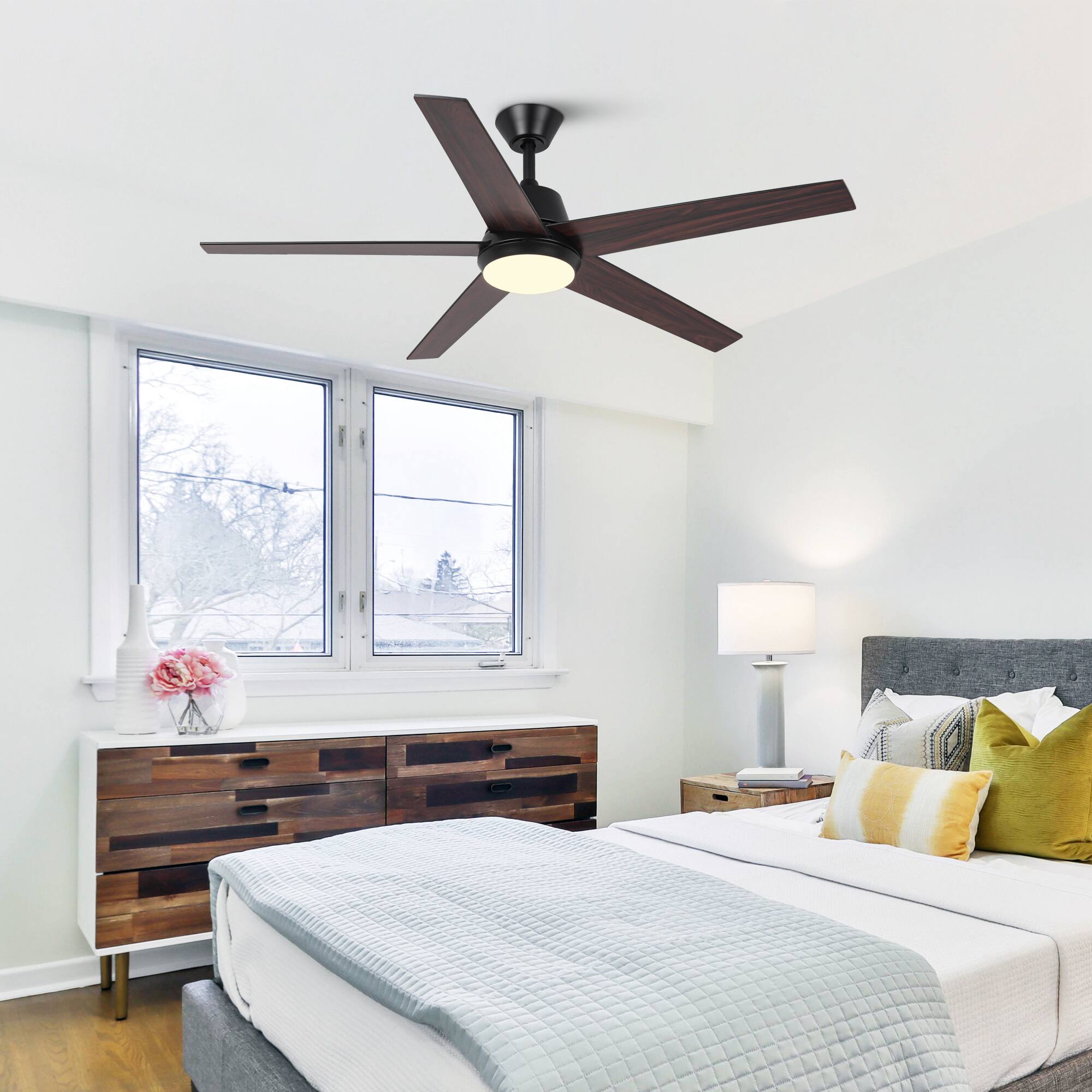 Angle. Vaczon - 52-inch Modern Black Plywood 5-blade Ceiling Fan with Light and Remote - Black.