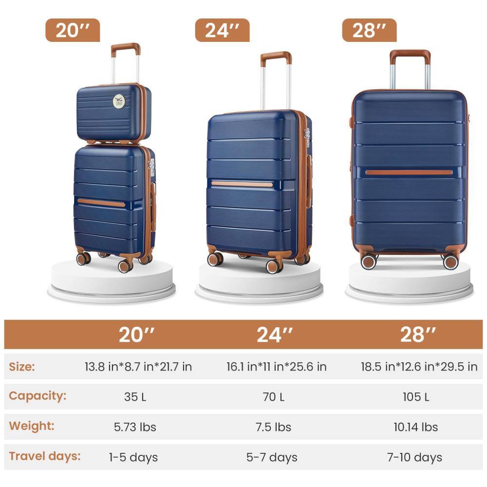 20"  
Size: 13.8 in*8.7 in*21.7 in  
Capacity: 35 L  
Weight: 5.73 lbs  
Travel days: 1-5 days  

24"  
Size: 16.1 in*11 in*25.6 in  
Capacity: 70 L  
Weight: 7.5 lbs  
Travel days: 5-7 days  

28"  
Size: 18.5 in*12.6 in*29.5 in  
Capacity: 105 L  
Weight: 10.14 lbs  
Travel days: 7-10 days