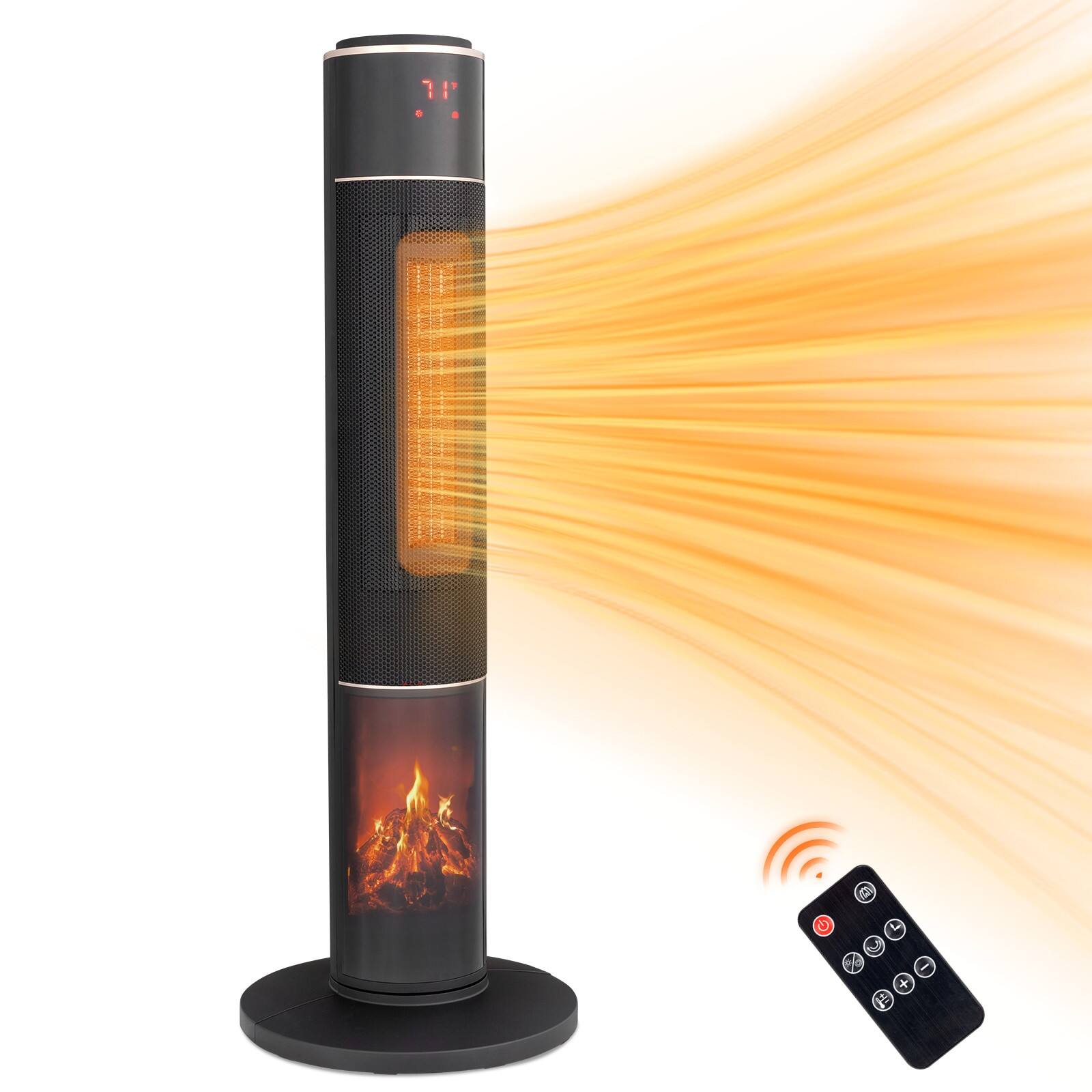 Left. Winado - 33" Tower Space Heater with 3D Flame, 1500W Portable Electric Heater with Thermostat, 60° Oscillation, Timer, Remote - Black.