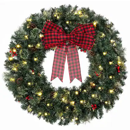 Front. PULUZ - 36 inch Prelit Crestwood Spruce Artificial Christmas Wreath, Christmas Decor with Bow, 8 Modes, Red Berries, Pinecones - Green.