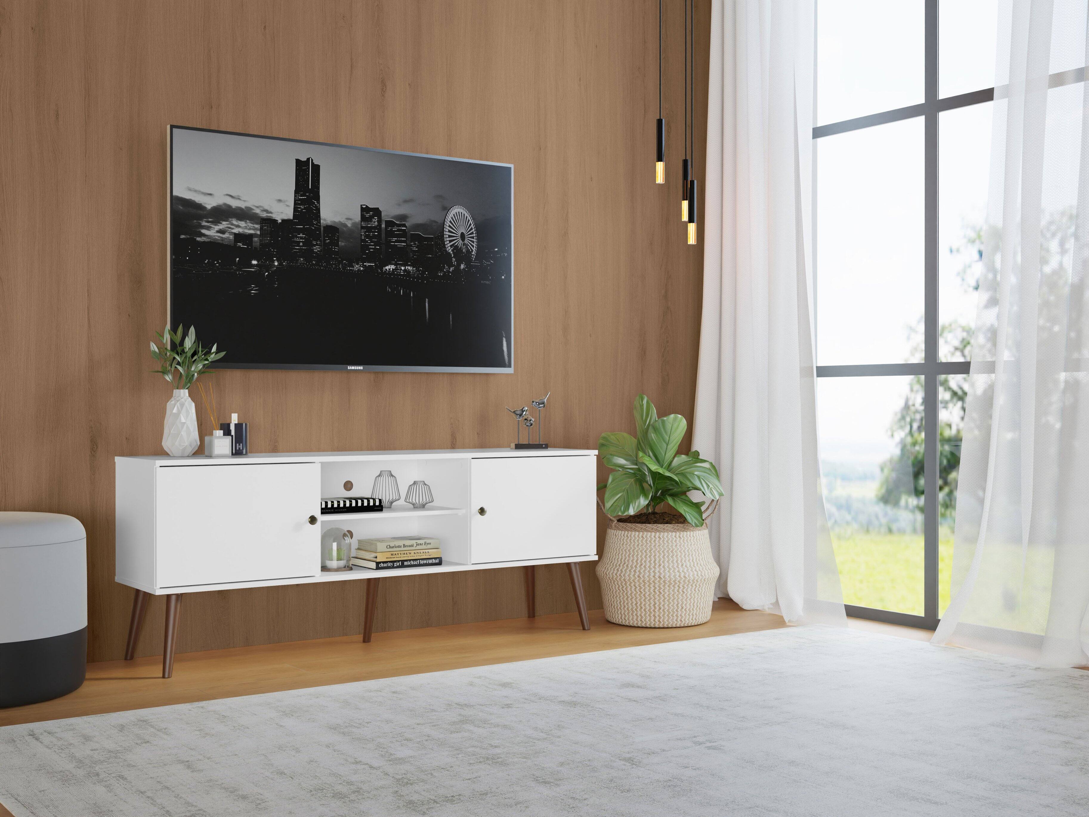 Alt View 3. Madesa - Madesa TV Stand Mid-Century Console with 2 Doors and 2 Shelves and Metal Knobs 59"L Media Storage - White - White.