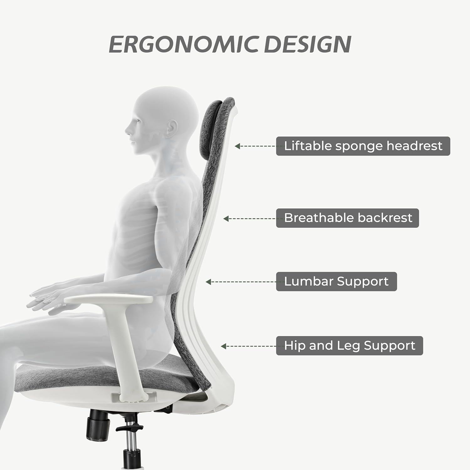 ERGONOMIC DESIGN
- Liftable sponge headrest
- Breathable backrest
- Lumbar Support
- Hip and Leg Support