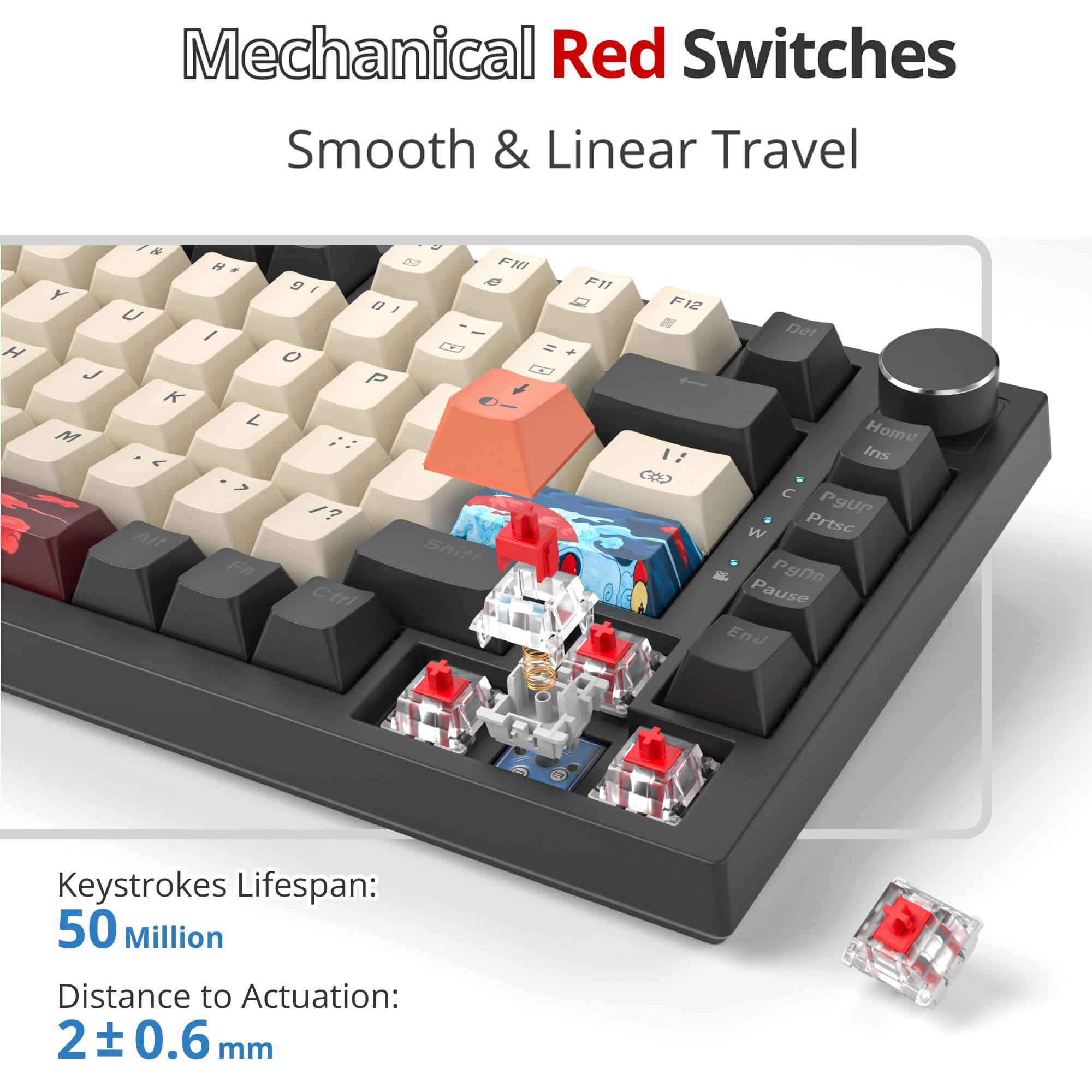 Mechanical Red Switches  
Smooth & Linear Travel  

Key Strokes Lifespan: 50 Million  
Distance to Actuation: 2 ± 0.6 mm