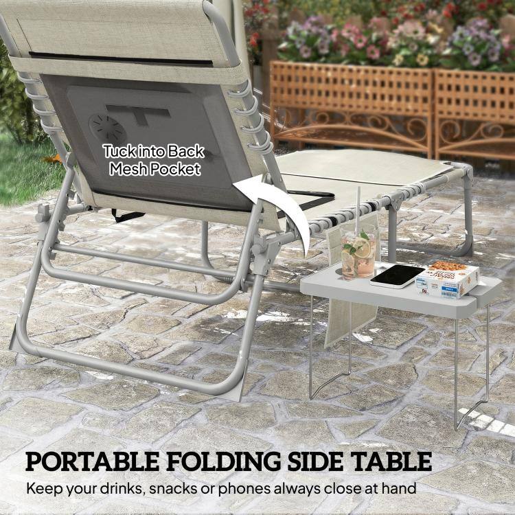 Tuck into Back Mesh Pocket

PORTABLE FOLDING SIDE TABLE
Keep your drinks, snacks or phones always close at hand