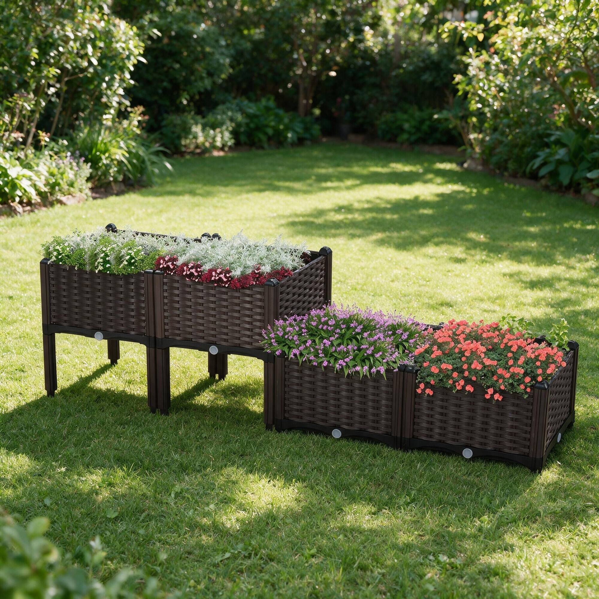 Alt View 2. RYHNUYNE - Outsunny 4 Piece Raised Garden Bed with Legs, Self-Watering Planter Box, Plastic Modular Planter for Herbs - Brown.