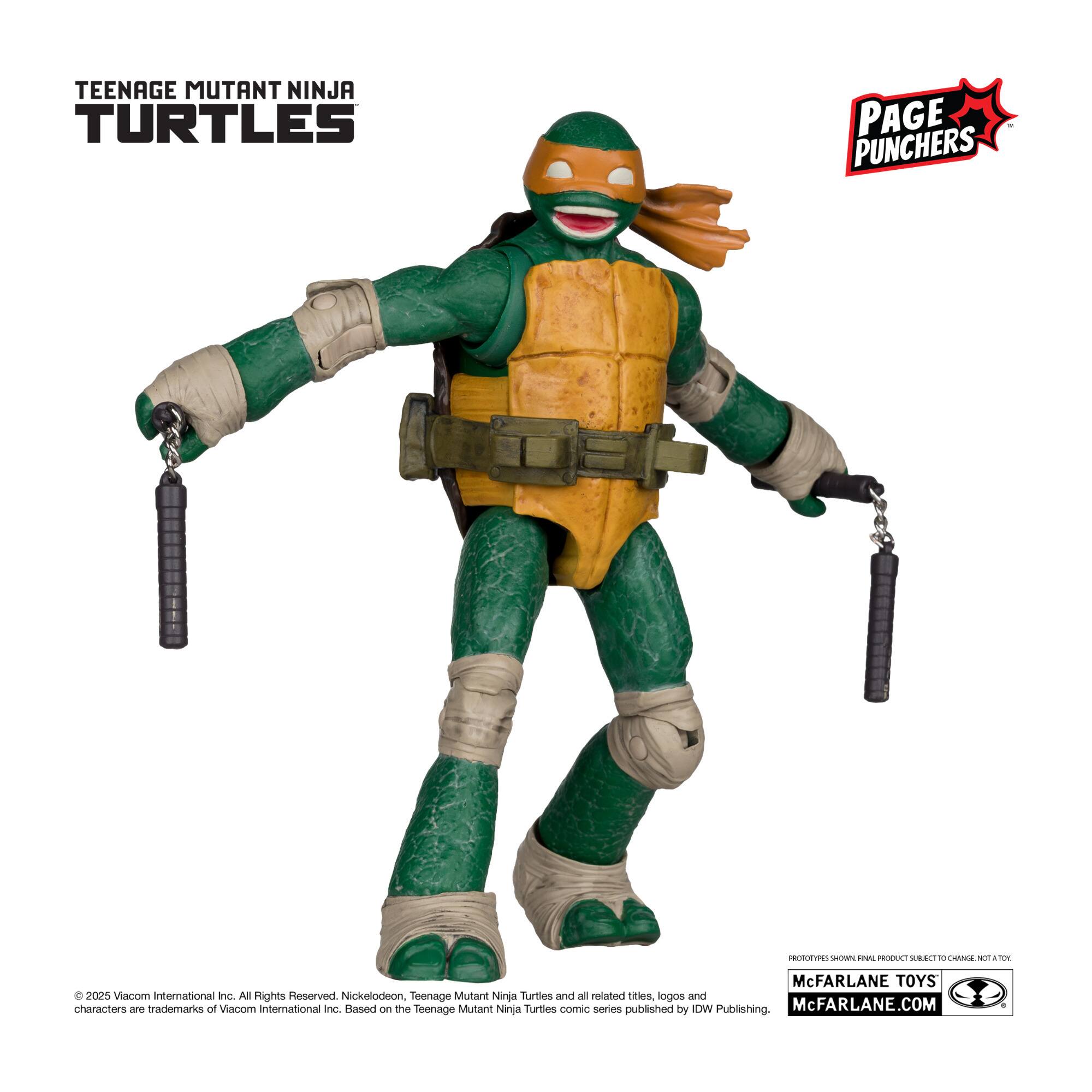 TEENAGE MUTANT NINJA TURTLES PAGE PUNCHERS  
PROLACT BELTIO - CHINA  
© 2025 Viacom International Inc. All Rights Reserved.  
Nickelodeon, Teenage Mutant Ninja Turtles and all related titles, logos and characters are trademarks of Viacom International Inc. Based on the Teenage Mutant Ninja Turtles comic series published by IDW Publishing.  
McFARLANE TOYS  
McFARLANE.COM