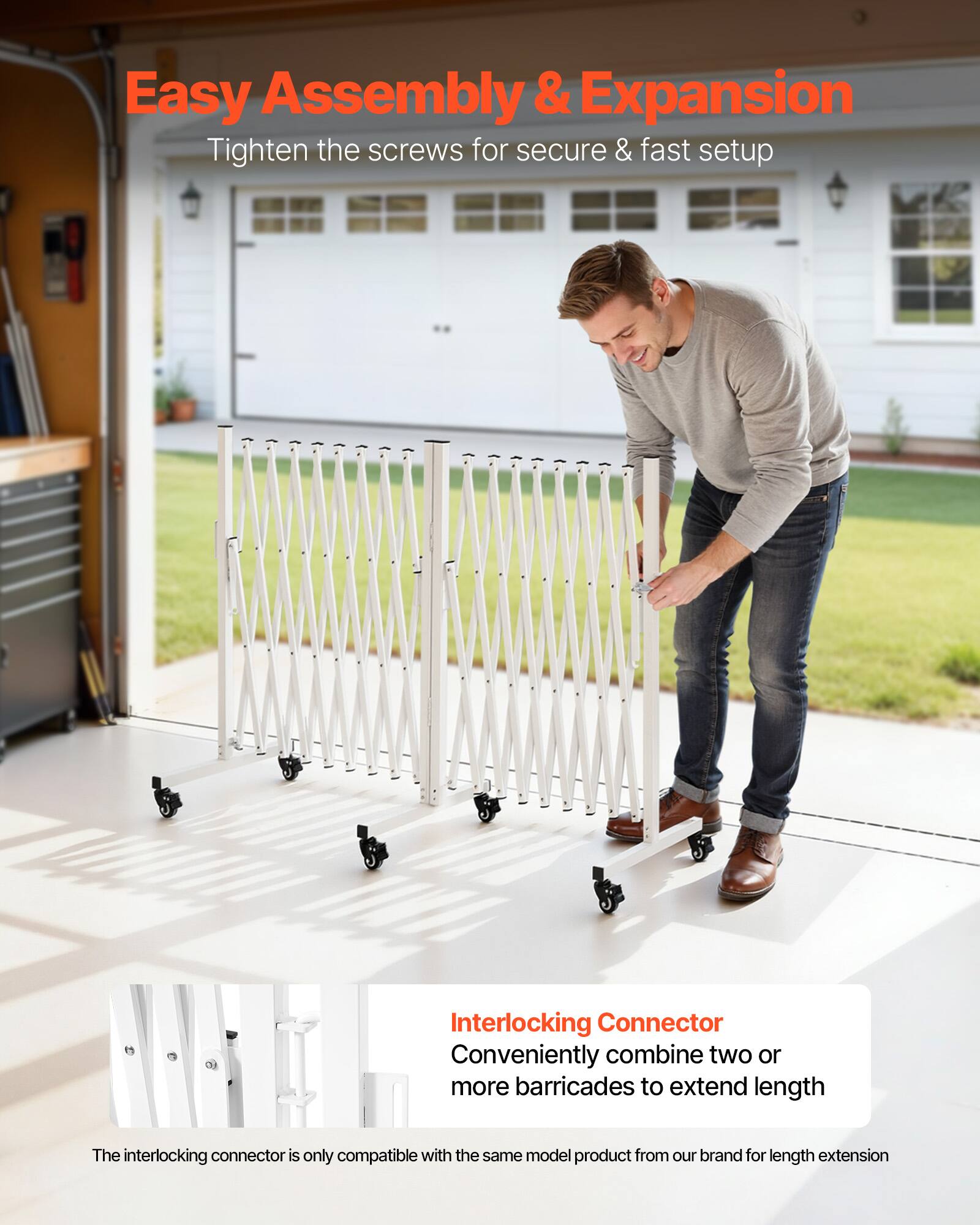 Easy Assembly & Expansion  
Tighten the screws for secure & fast setup  

Interlocking Connector  
Conveniently combine two or more barricades to extend length  

The interlocking connector is only compatible with the same model product from our brand for length extension