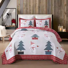 MarCielo - 3 Pcs Snowman and Tree Christmas Polyester Quilt Reversible Holiday Bedspread Set - Red