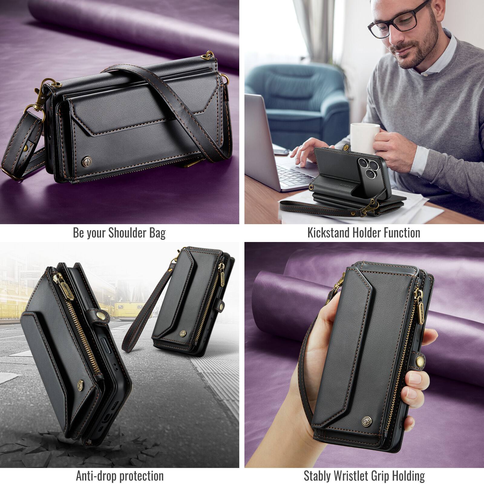 Be your Shoulder Bag  
Kickstand Holder Function  
Anti-drop protection  
Stably Wristlet Grip Holding