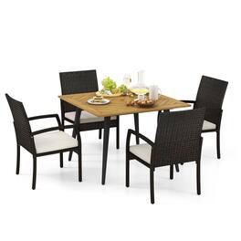 Gymax - 5PCS Patio PE Wicker Dining Set 42.5'' Table w/ 1.9'' Umbrella Hole Chairs - Brown, White