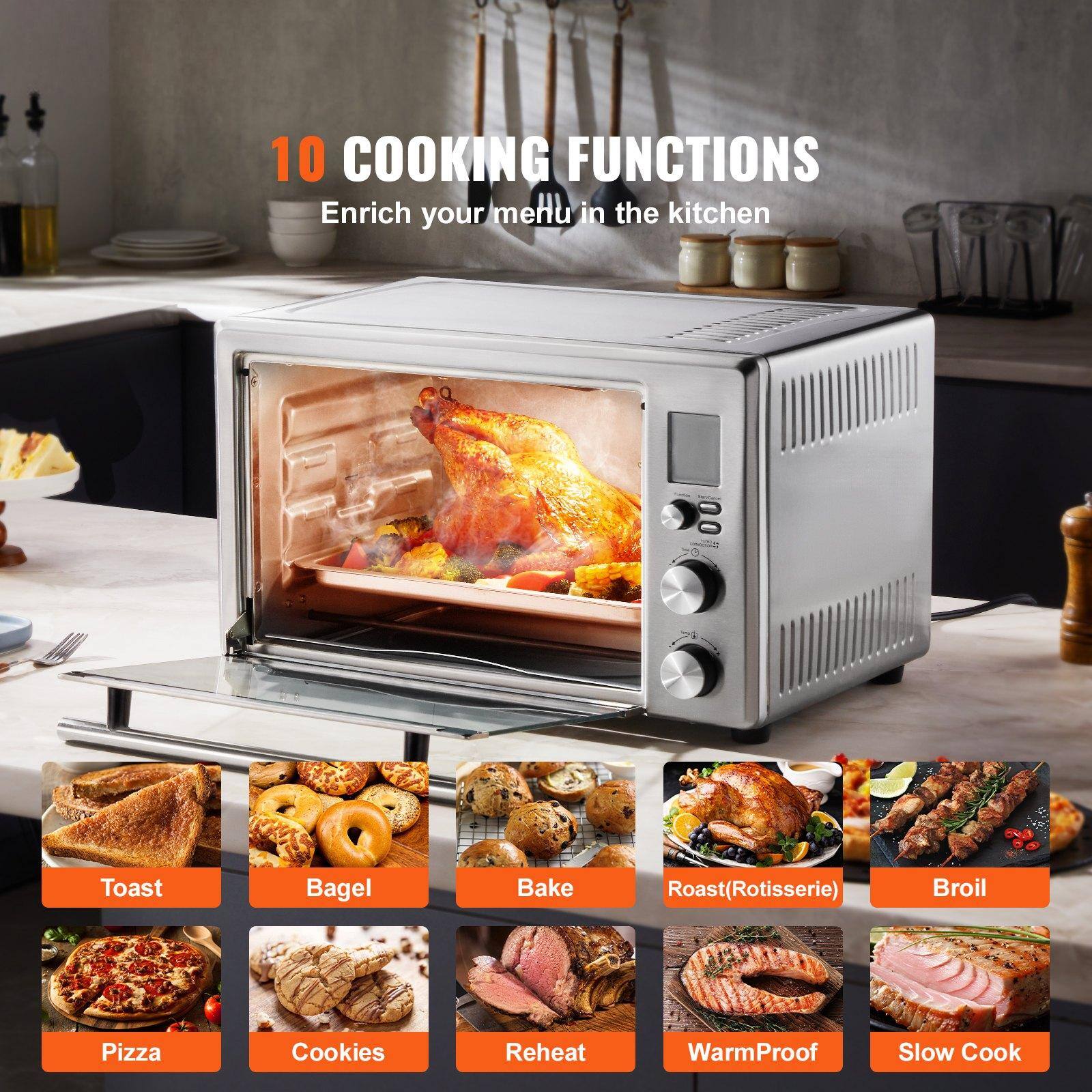 10 COOKING FUNCTIONS
Enrich your menu in the kitchen
- Toast
- Bagel
- Bake
- Roast (Rotisserie)
- Broil
- Pizza
- Cookies
- Reheat
- WarmProof
- Slow Cook