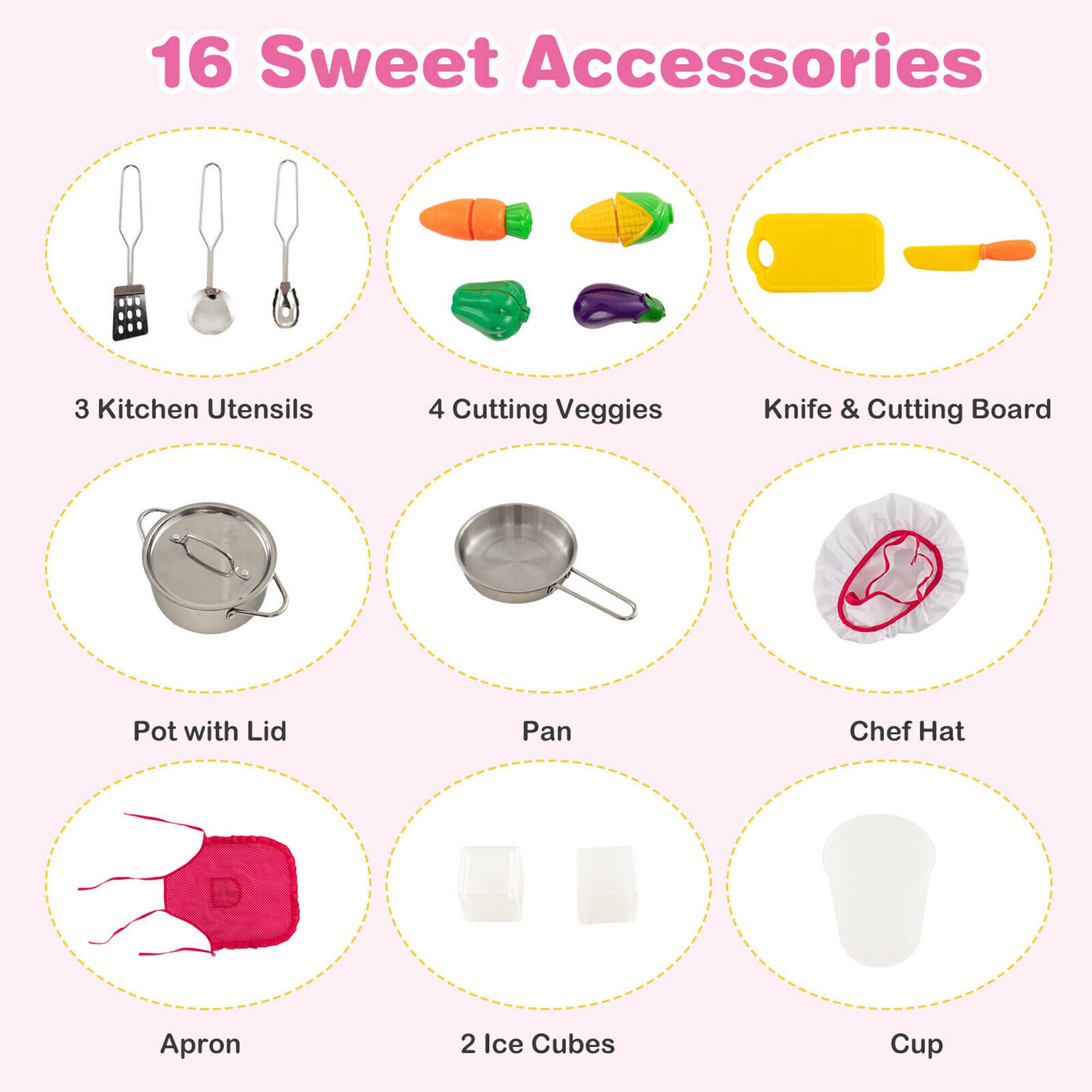16 Sweet Accessories

- 3 Kitchen Utensils
- 4 Cutting Veggies
- Knife & Cutting Board
- Pot with Lid
- Pan
- Chef Hat
- Apron
- 2 Ice Cubes
- Cup