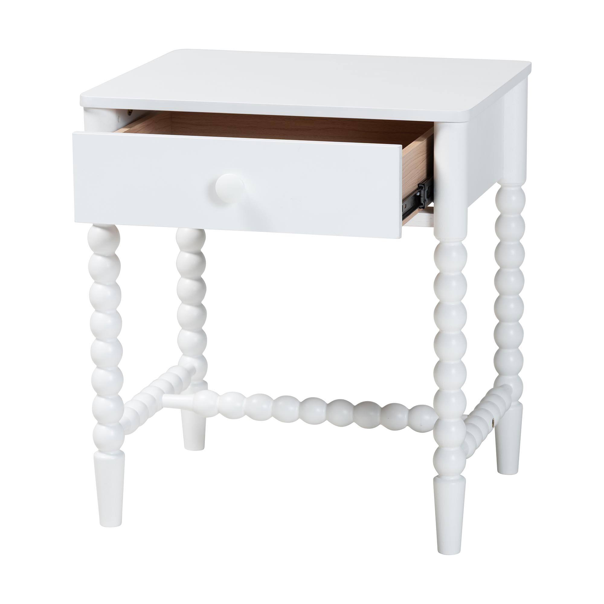 Angle. Baxton Studio - Brantley Spindle Nightstand - 1-Drawer Bedside Table with Beaded Frame and Open Base for Bedroom - White.