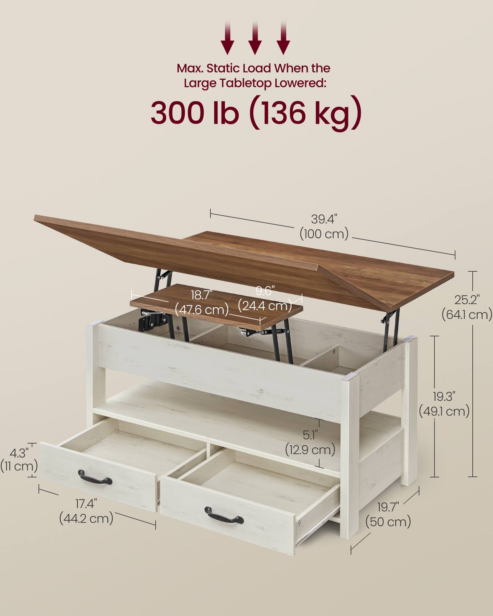 Max. Static Load When the Large Tabletop Lowered: 300 lb (136 kg)

- 39.4" (100 cm)
- 18.7" (47.6 cm) (24.4 cm)
- 25.2" (64.1 cm)
- 4.3" (11 cm)
- 5.1" (12.9 cm)
- 19.3" (49.1 cm)
- 17.4" (44.2 cm)
- 19.7" (50 cm)