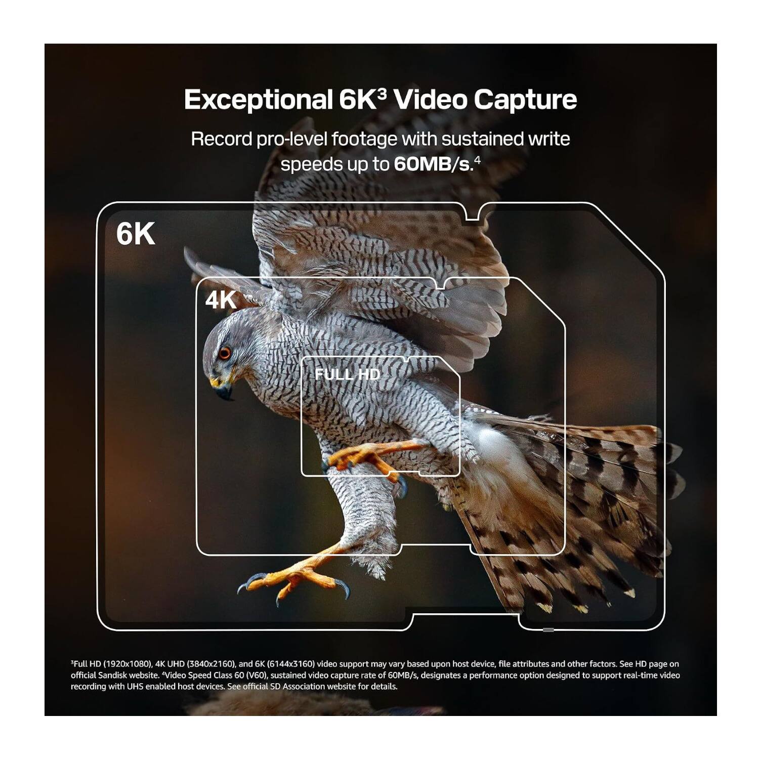 Exceptional 6K3 Video Capture  
Record pro-level footage with sustained write speeds up to 60MB/s.  
4K, FULL HD (1920x1080), 4K UHD (3840x2160), and 6K (6144x3160) video support may vary based upon host device, file attributes and other factors. See HD page on official Sandisk website.  
Video Speed Class 60 (V60), sustained video capture rate of 60MB/s, designates a performance option designed to support real-time video recording with UHS enabled host devices. See official SD Association website for details.