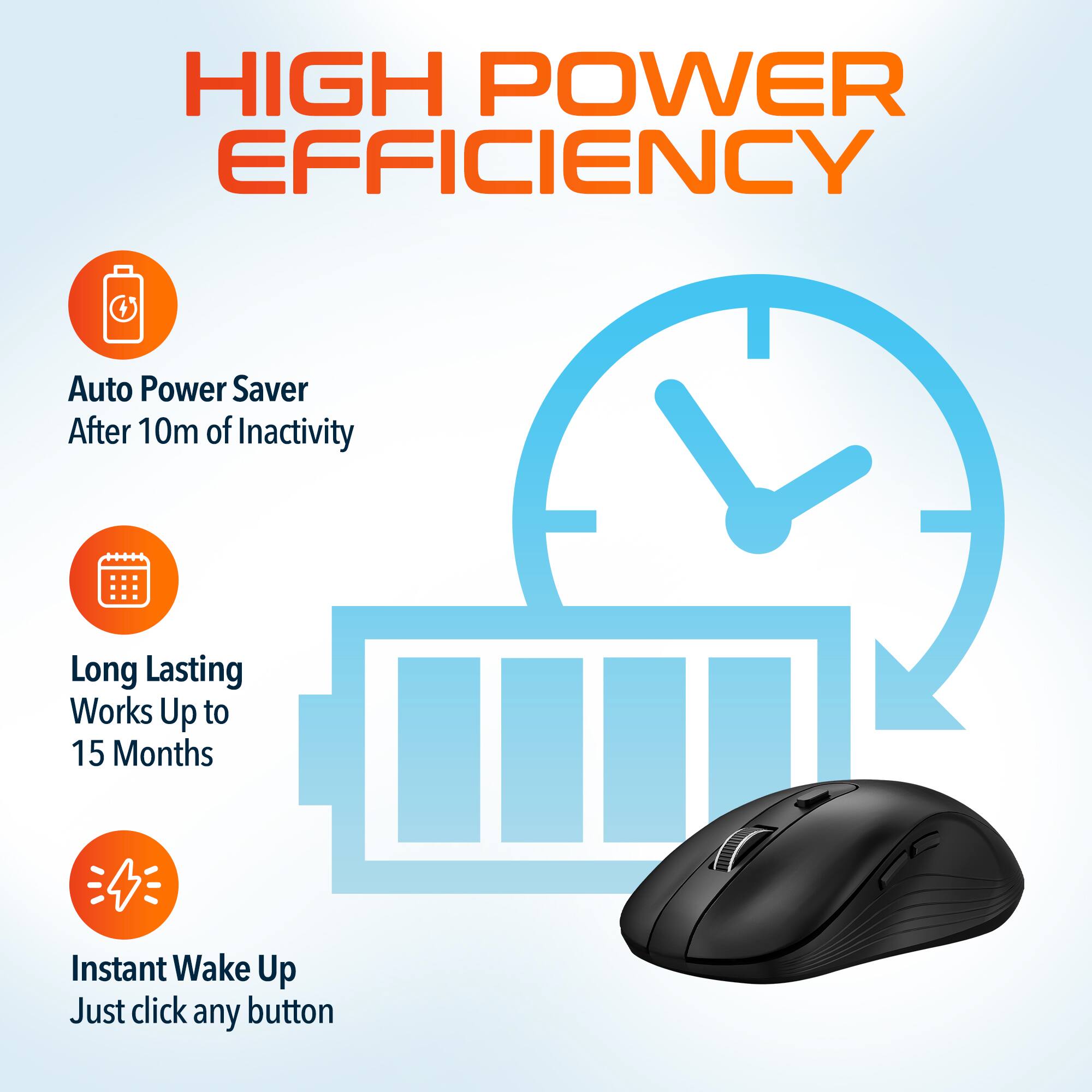 HIGH POWER EFFICIENCY

- Auto Power Saver
  After 10m of Inactivity

- Long Lasting
  Works Up to 15 Months

- Instant Wake Up
  Just click any button