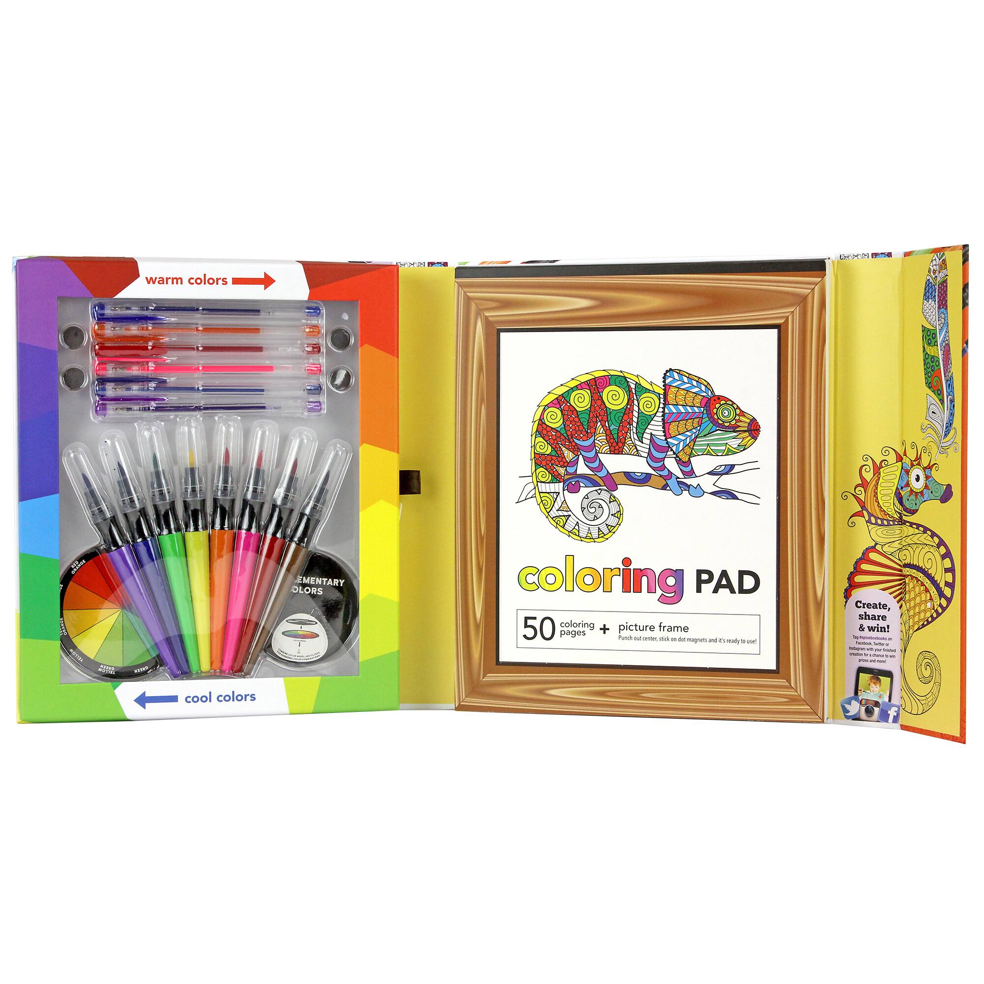 The image features a coloring pad with a picture of a lizard on it. The pad is designed for elementary school children and comes with 50 coloring pages and a picture frame. The pad also includes warm and cool colors, as well as a color wheel to help children learn about different shades and hues. The coloring pad is intended to encourage creativity and artistic expression in young children.