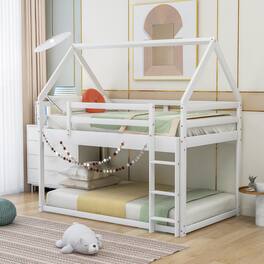 Aukfa - Twin over Twin Low Bunk Bed, House Bed with Ladder - White
