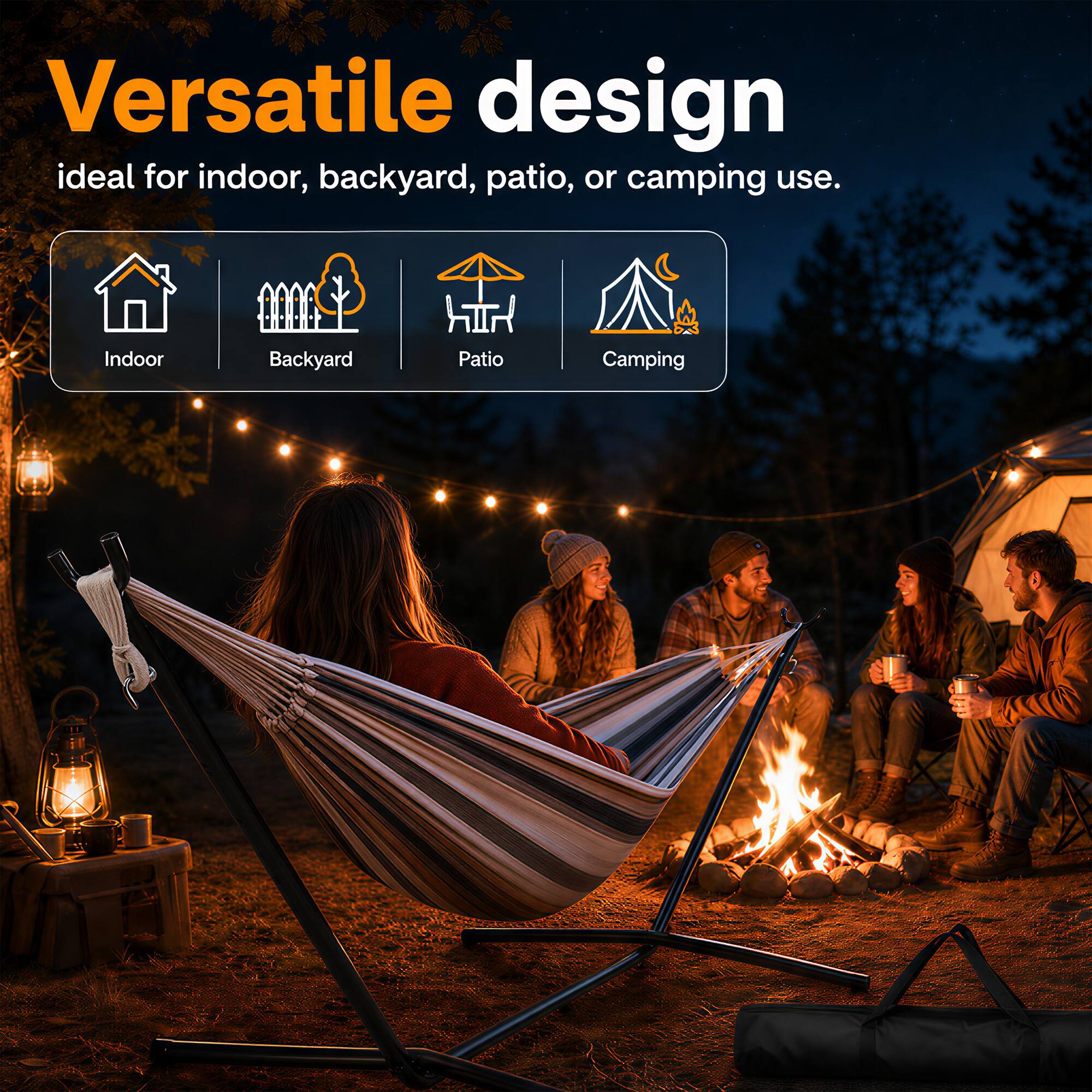Versatile design ideal for indoor, backyard, patio, or camping use.

Indoor  
Backyard  
Patio  
Camping