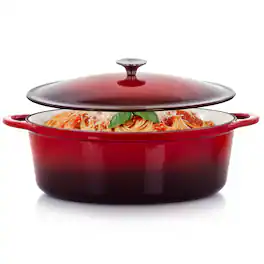 MegaChef - 7 Quarts Oval Enameled Cast Iron Casserole - Red