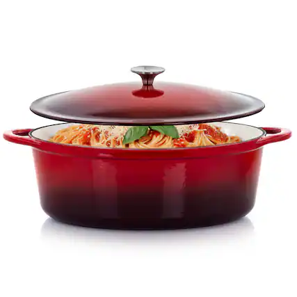 Front. MegaChef - MegaChef 7 Quarts Oval Enameled Cast Iron Casserole in Red - Red.