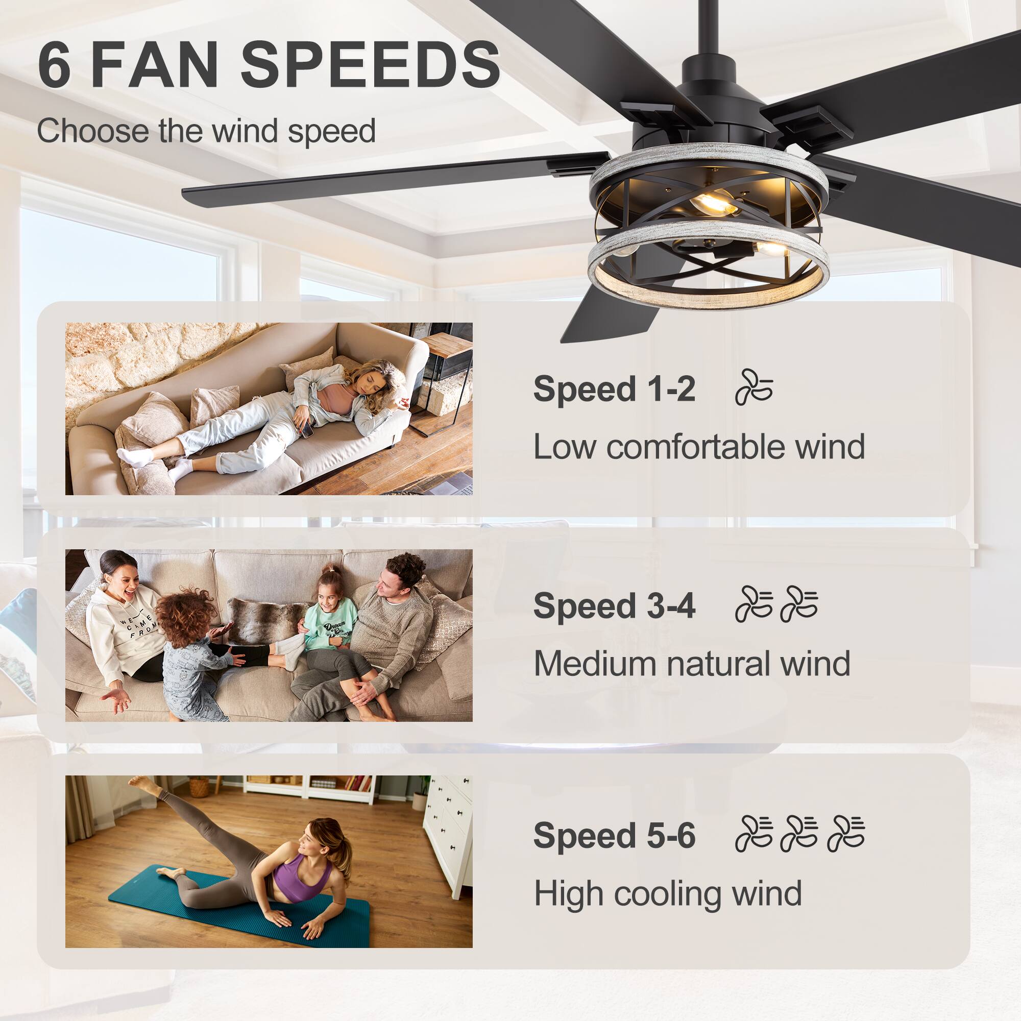 6 FAN SPEEDS  
Choose the wind speed

Speed 1-2  
Low comfortable wind

Speed 3-4  
Medium natural wind

Speed 5-6  
High cooling wind