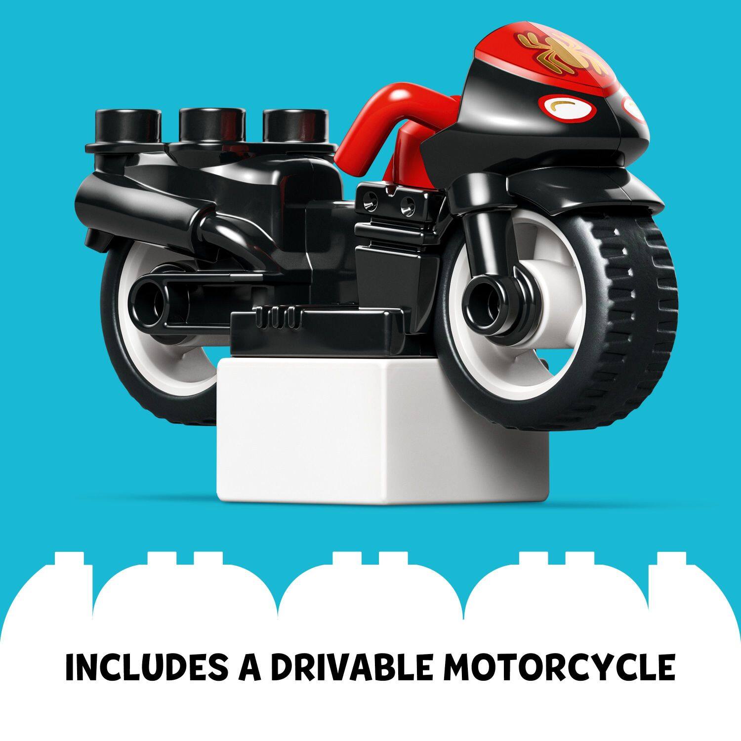 The text on the image reads: "3 includes a drivable motorcycle."