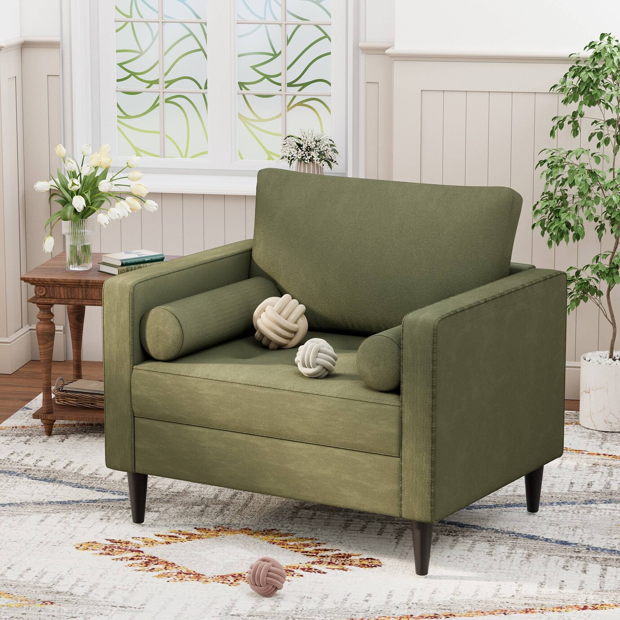 Angle. U-HOMY - Velvet Accent Chair with Pillows – Plush Sofa Chair for Living Room, Bedroom & Office, Tufted Comfy Reading Chair - Green.