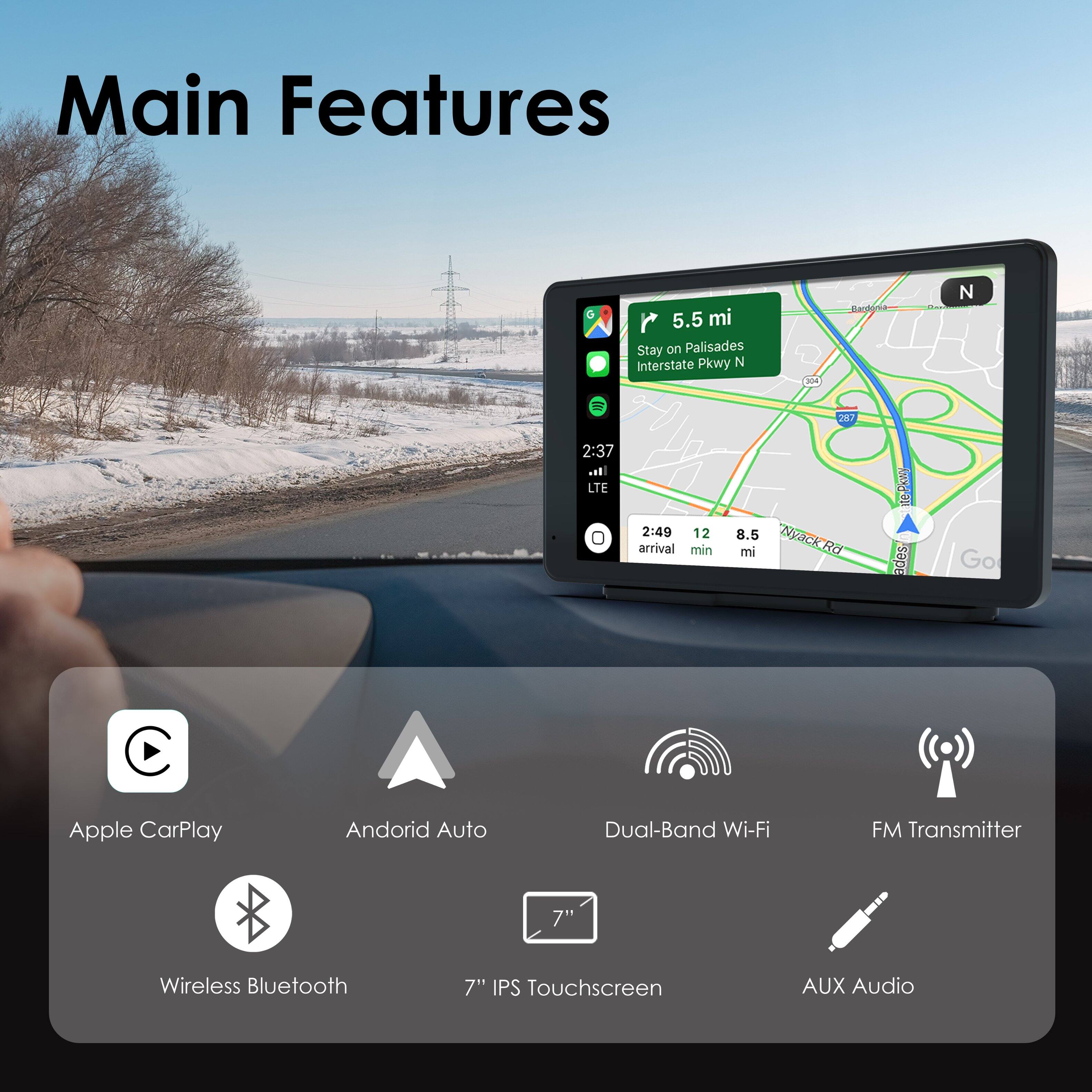 Main Features, 5.5 mi, Stay on Palisades Interstate Pkwy N, Hargiria N, 7, 2:37, o LTE, 2:49, 12, arrival min, 8.5, NyackF mi Rd, ades Go, Apple CarPlay, Andorid Auto, Dual-Band Wi-Fi, FM Transmitter, 7", Wireless Bluetooth, 7" IPS Touchscreen, AUX Audio