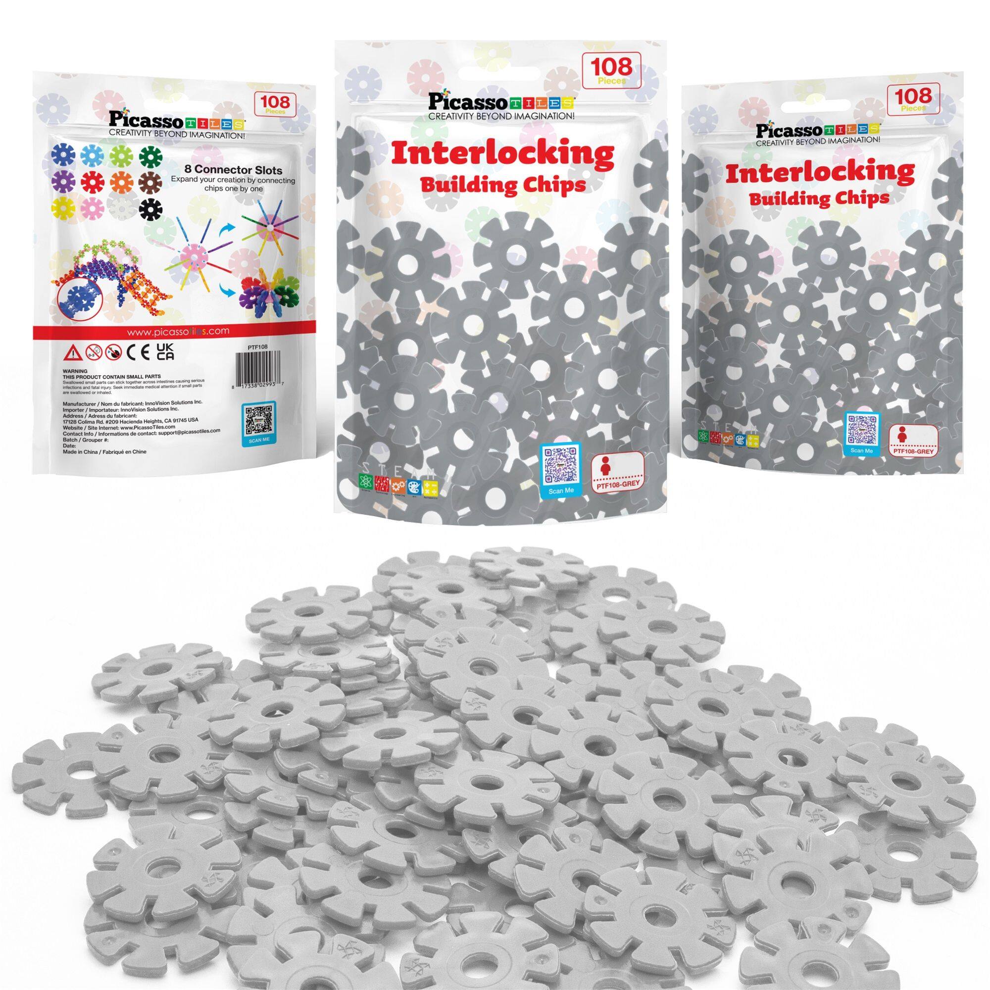 108 | Picasso Creativity Set - Beyond Imagination  
8 Connector Slots Expand PAP  
Connecting - 108 Pieces  
Picasso 2  
Interlocking Building Chips  
www.picasso123.com  
UK - CE  
Made in China