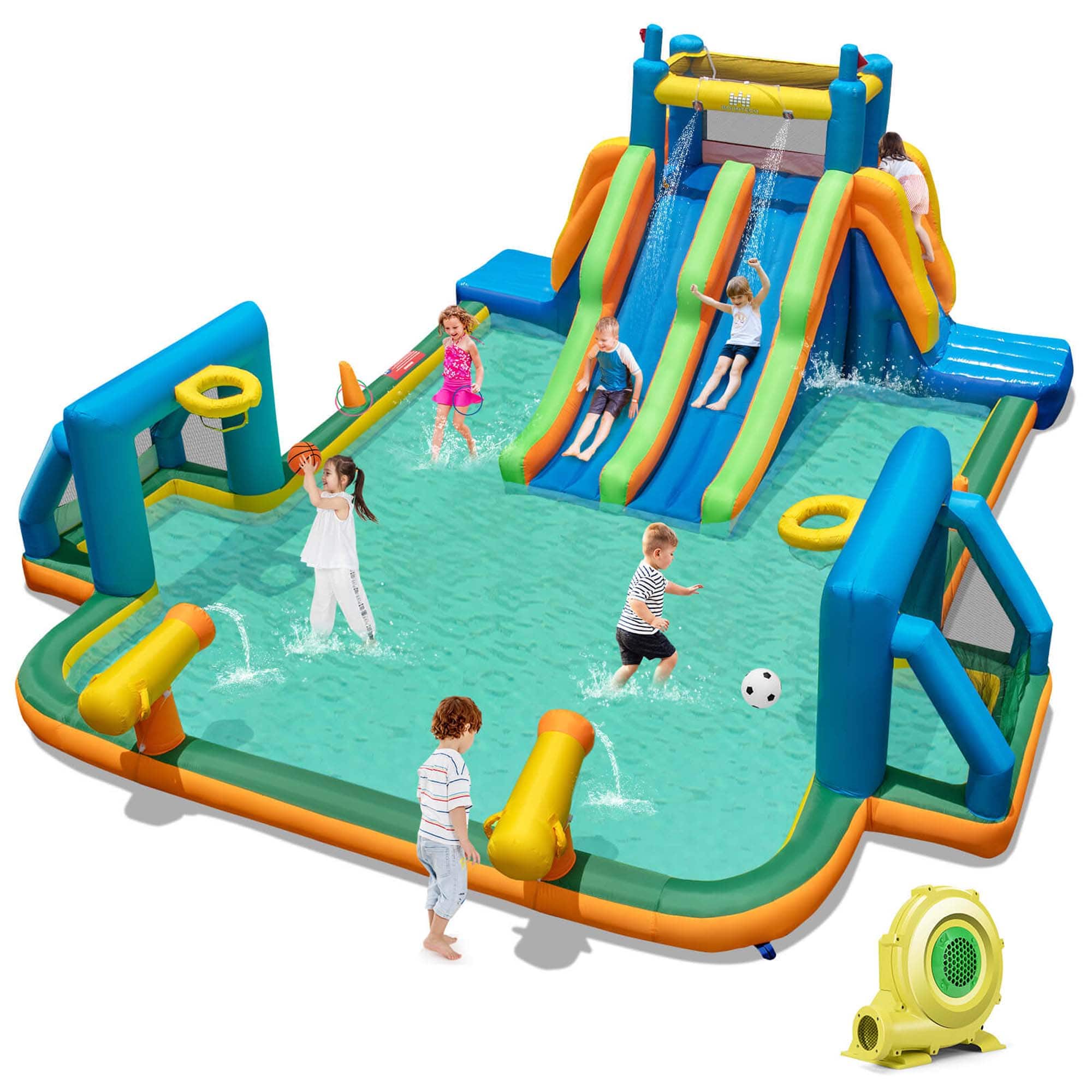 Costway - Inflatable Water Slide with 2 Long Slides Pool Climbing Walls 950 W Blower - Multicolor